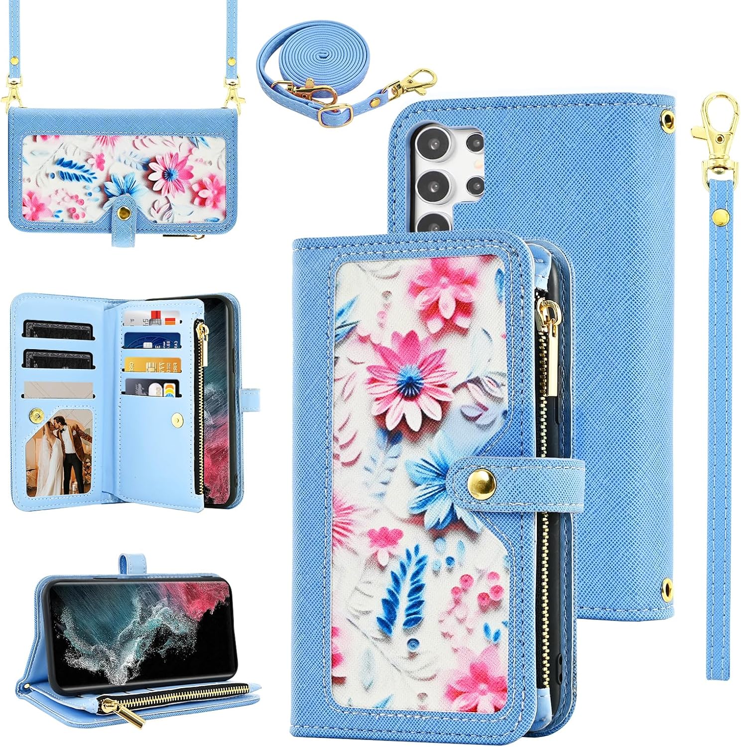 Floral Wallet Case for Samsung Galaxy S25 Ultra 5G with Wrist Strap Shoulder Strap Flip Zipper Purse, Luxury PU Leather Credit Card Holder Stand Phone Cover for S25Ultra 25S S 25 25Ultra Blue