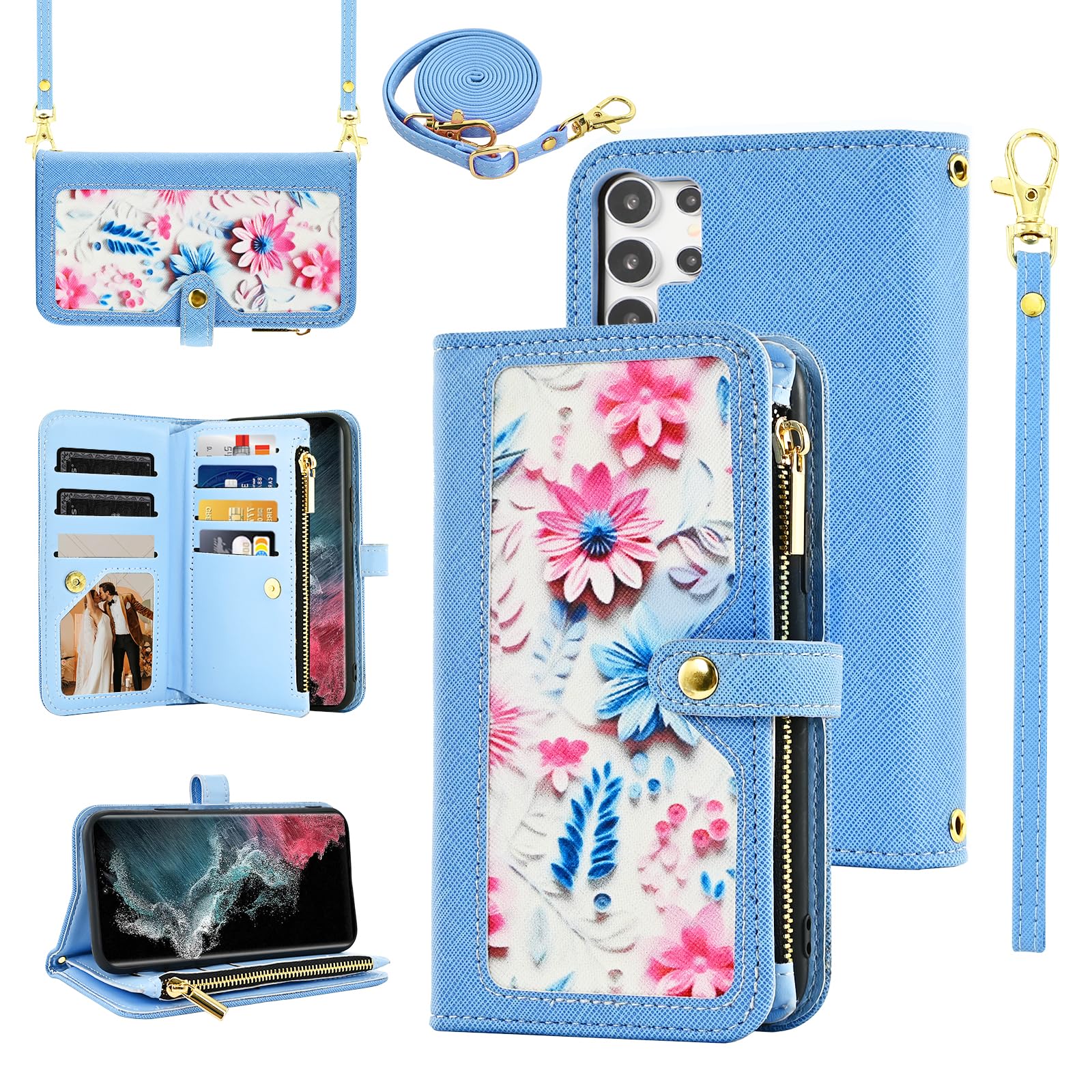 Furiet Floral Wallet Case for Samsung Galaxy S25 Ultra 5G with Wrist Strap Shoulder Strap Flip Zipper Purse, Luxury PU Leather Credit Card Holder