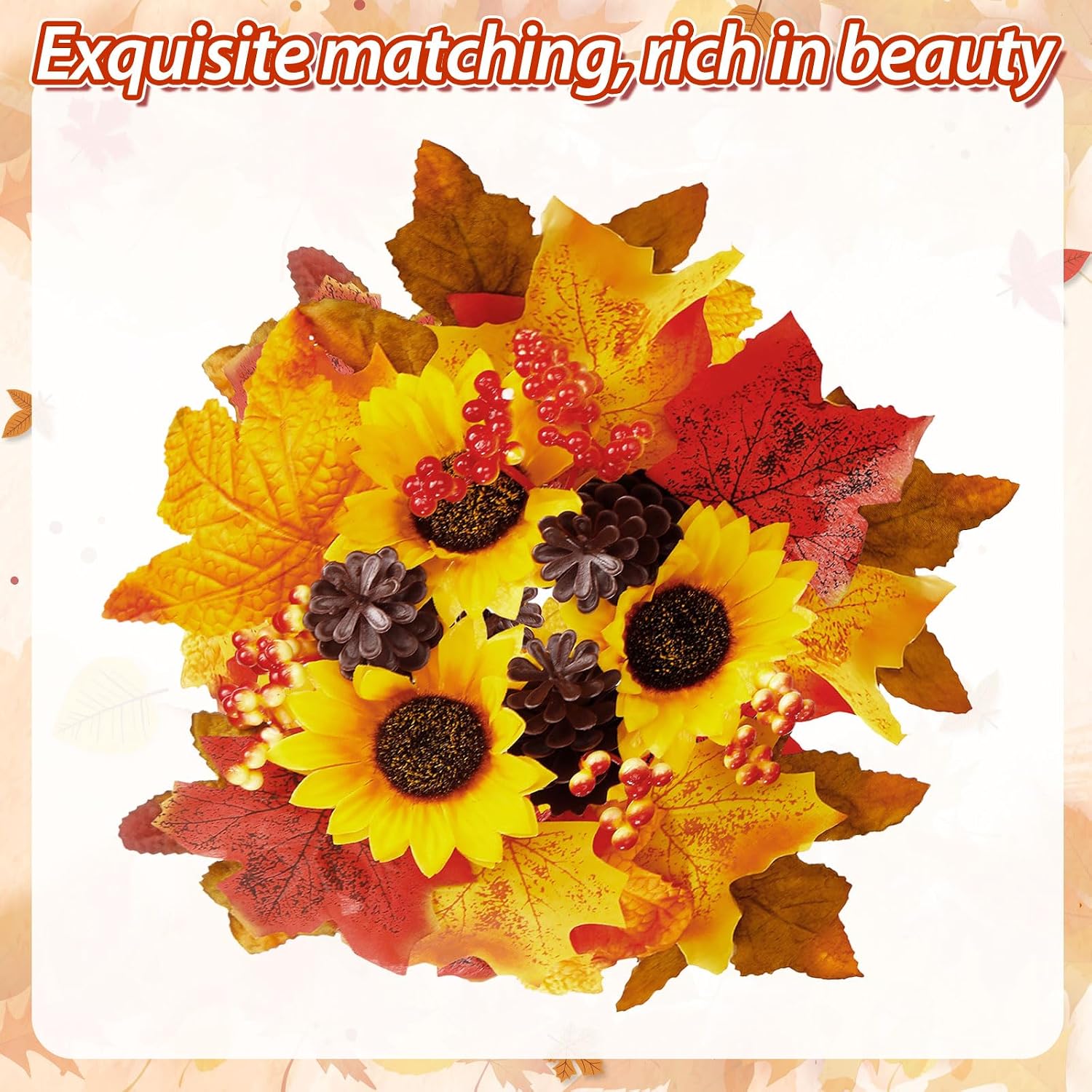 Yunlly 4 Pcs Fall Candle Rings Wreaths with Artificial Maple Leaves and Berries LED Flameless Candles, 11 Wide for Farmhouse Fall Thanksgiving Halloween Wedding Centerpiece Table Decorations