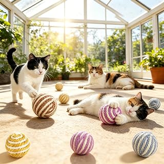 Cat Toy Ball 3-Pack Sisal Rattle Sphere for Felines – Natural Woven Fiber Scratching Plaything with Jingle Bell, Interactive Fun, 1.7 Inch