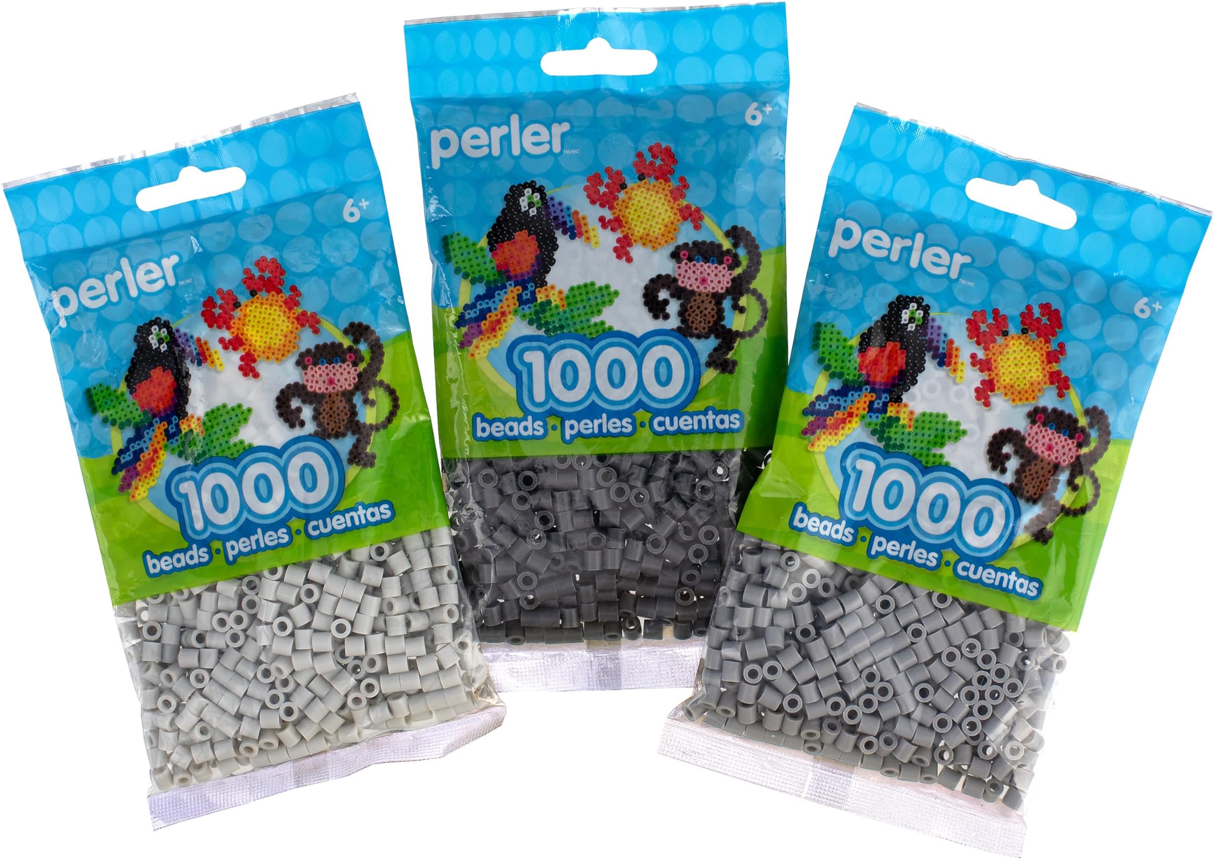 Perler 83-99787 1000 Piece Fuse Bead Bags of Light Gray, Gray, and Dark Gray, 3 Pack