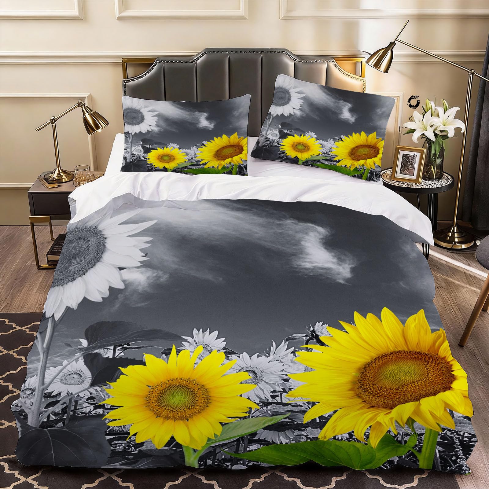 3D Sunflowers Duvet Cover Farm Landscape Bedding Double Bed Set, Soft Microfiber Comforter Cover Printed with Zipper Closure Quilt Coverr 200x200 cm and 2 Pillowcases
