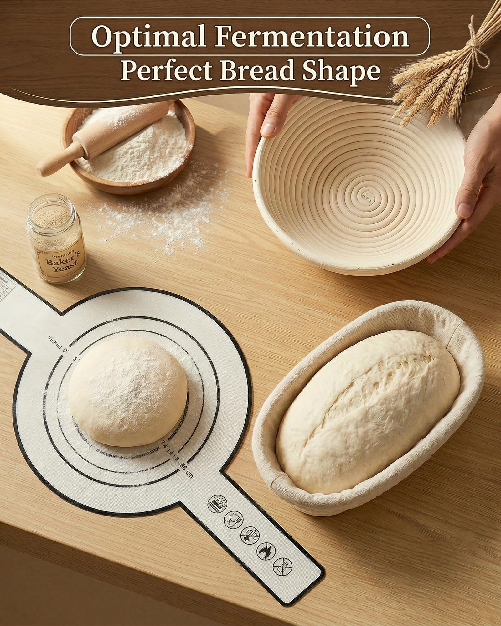 Cestini Lievitazione Pane Set, Cestino Lievitazione Pane Ovale 25cm e Rotondo 23cm con Coltello da Pane, Panni di Lievitazione, Sacchetti per il Pane, Raschietto per Impasto, Frusta