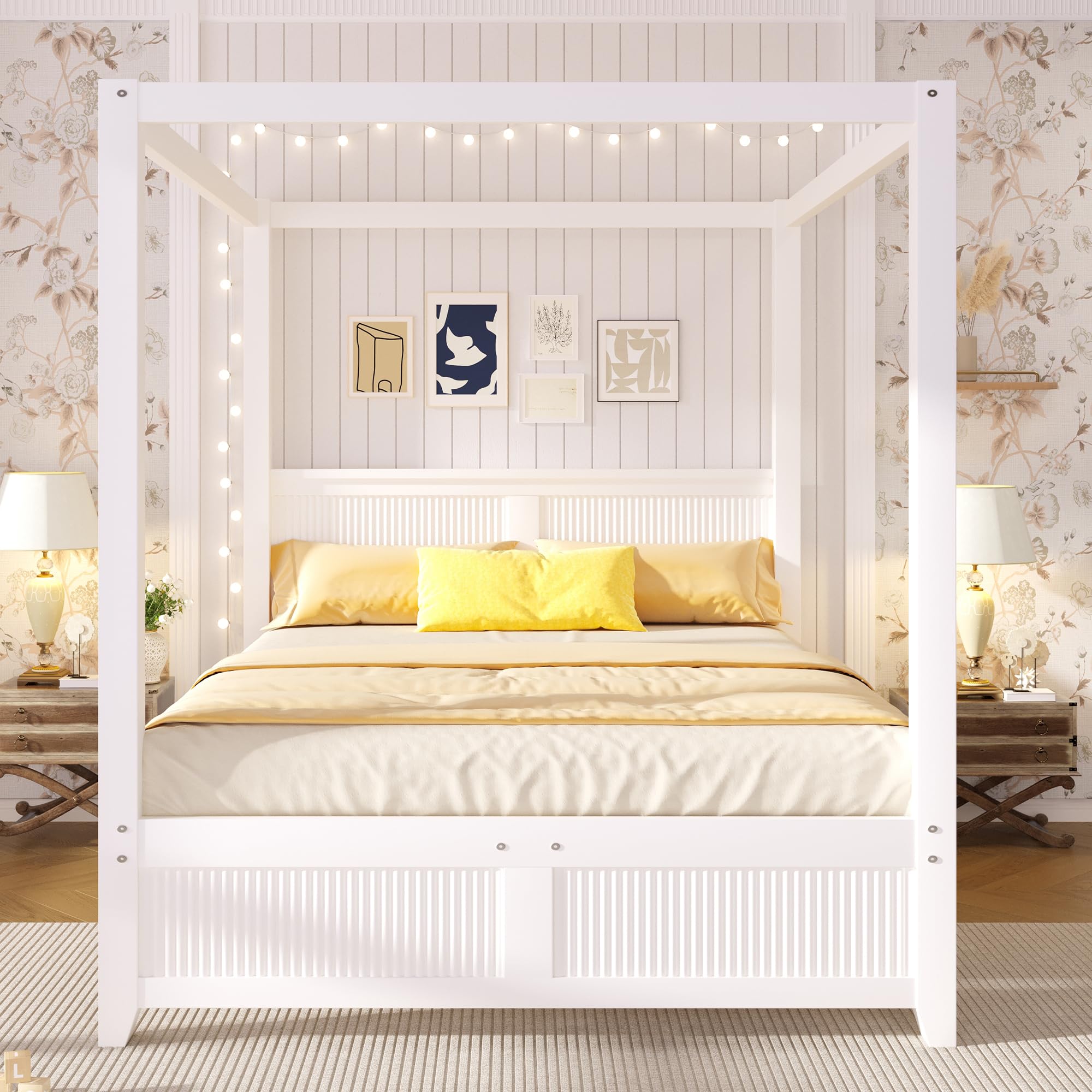 Himmelbett 140x200 cm aus Holz mit dekorativem Dachrahmen und vertikalen Lamellen am Kopf- und Fußteil, Weiß