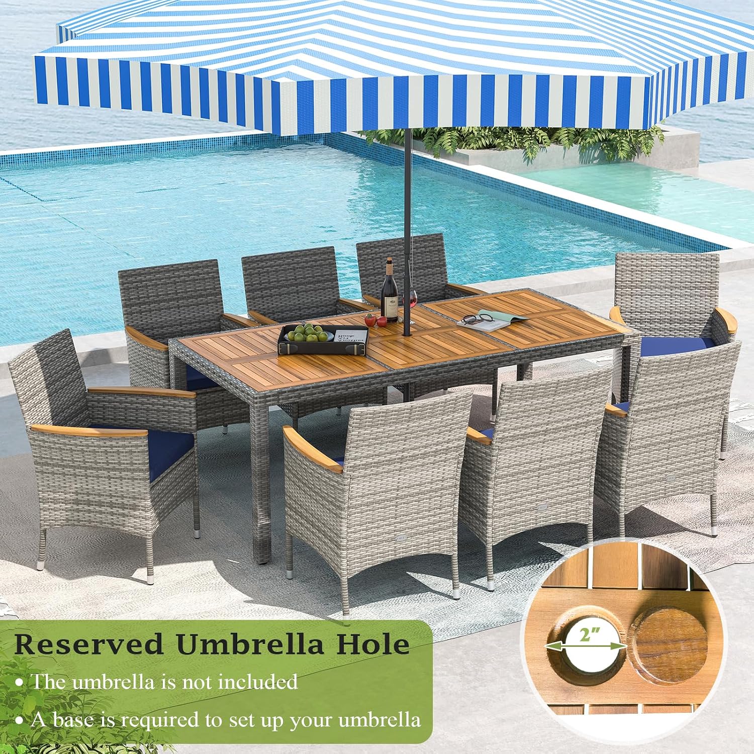 KOTEK Outdoor Dining Set for 8, Wicker Patio Dining Table and Chairs Set with Cushions & 2'' Umbrella Hole, 9 Pcs PE Rattan Patio Furniture Set for Garden, Deck, Backyard (Navy)