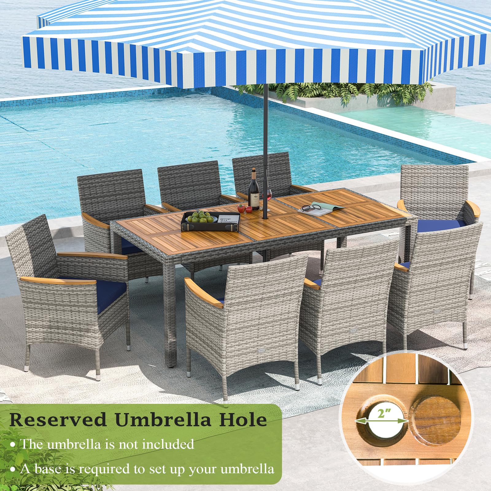 KOTEK Outdoor Dining Set for 8, Wicker Patio Dining Table and Chairs Set with Cushions & 2'' Umbrella Hole, 9 Pcs PE Rattan Patio Furniture Set for Garden, Deck, Backyard (Navy)