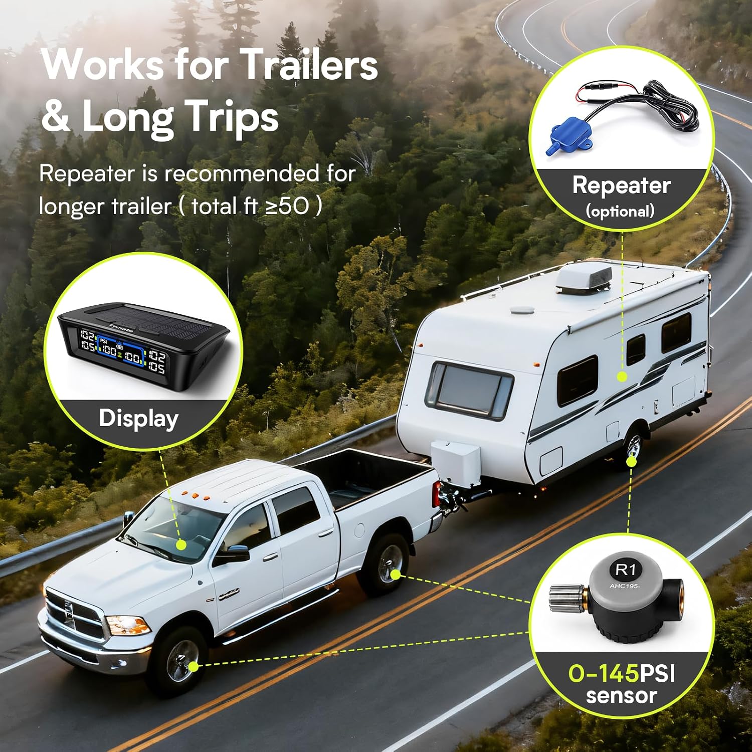 Tymate TM12 RV Tire Pressure Monitoring System, 4 Flow-Thru Sensors TPMS