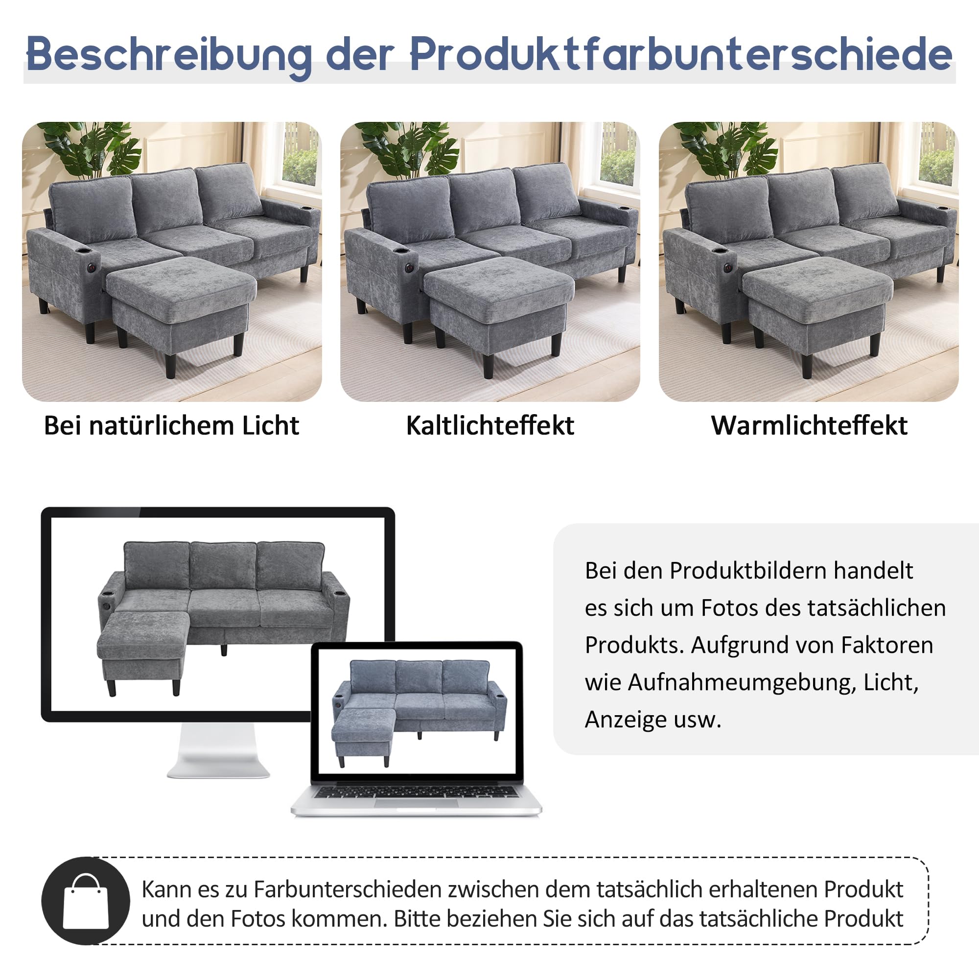Merax Ecksofa 3-Sitzer Sofa mit Polsterhocker, Gepolstertes Sofa mit USB & Typ-C, 2 Getränkehaltern, L-förmiges Schlafsofa, Polstermöbel für Wohnzimmer, Wohnung, Lounge und Schlafzimmer, Grau