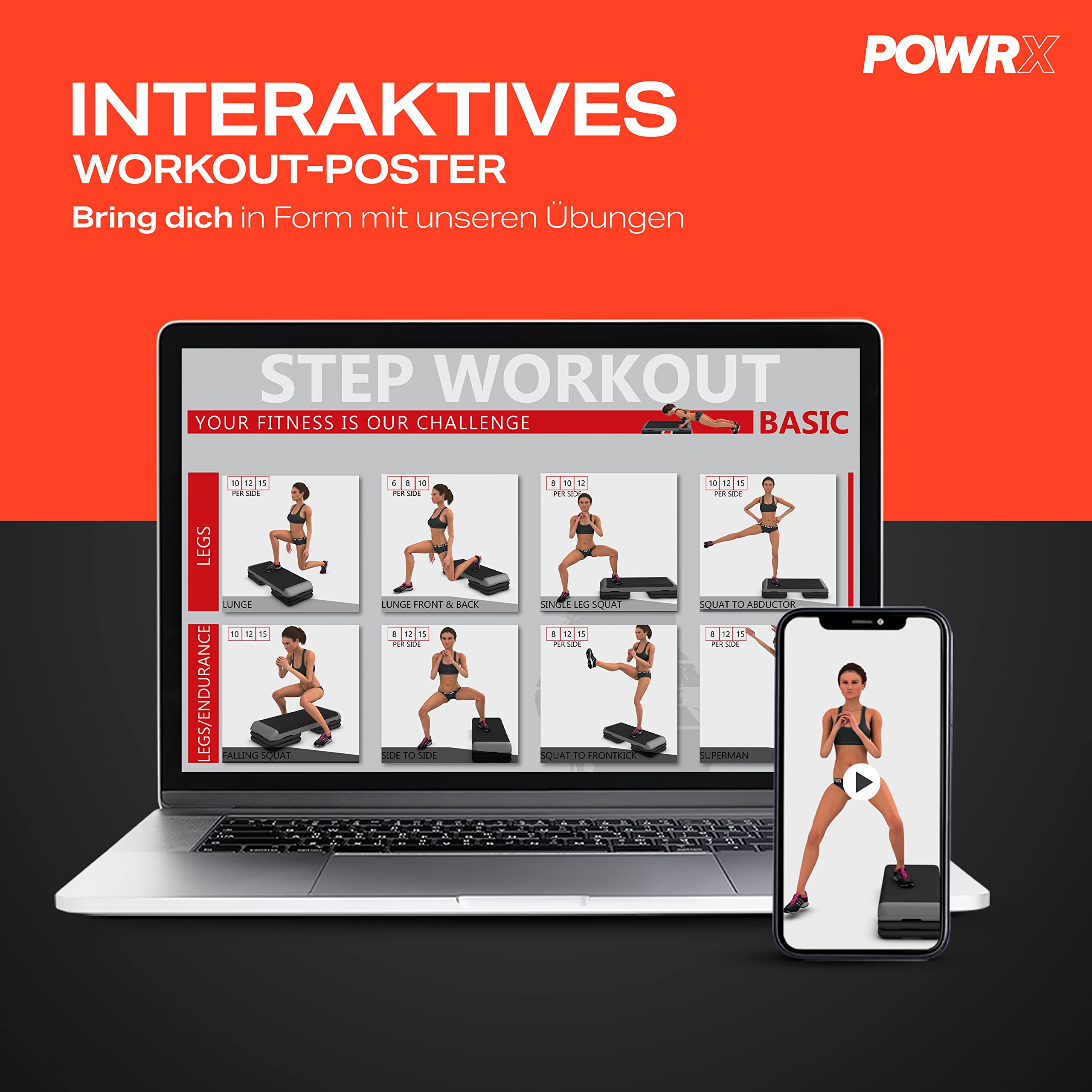 POWRX Aerobics Professional Fitness Stepper (89 x 34 cm) | Stepper Training zu Hause oder im Fitnessstudio | Höhenverstellbar | rutschfeste Oberfläche