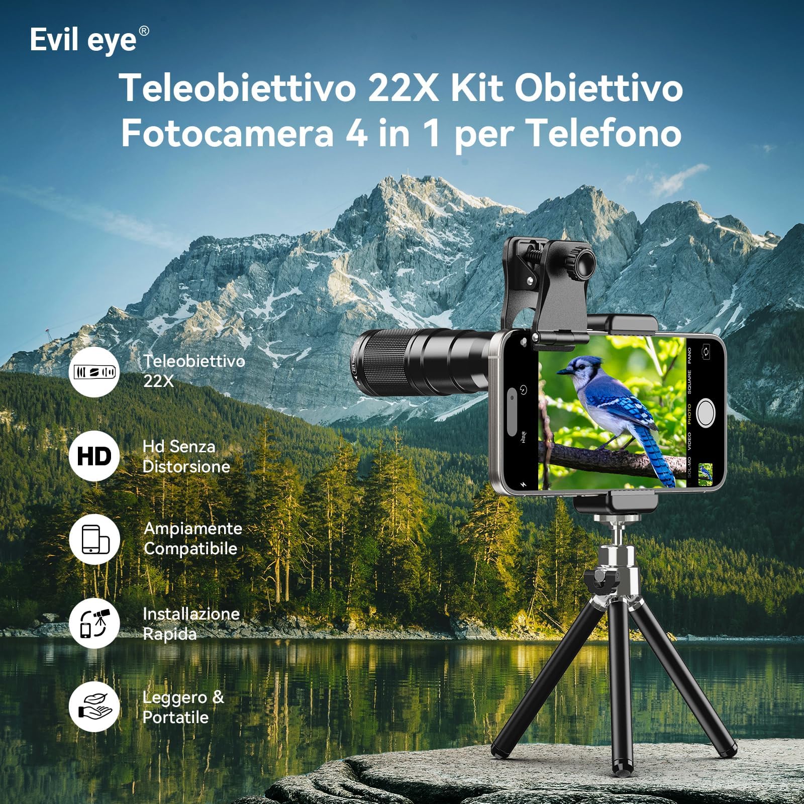 Evil Eye Kit Teleobiettivo 4 In 1 Per Telefono Con 22X, 205° Fisheye & 120° Grandangolo + Clip Universale Per iPhone/Samsung/Android, Perfetto Per Gli Appassionati Di Viaggi, Vlogging & Fotografia