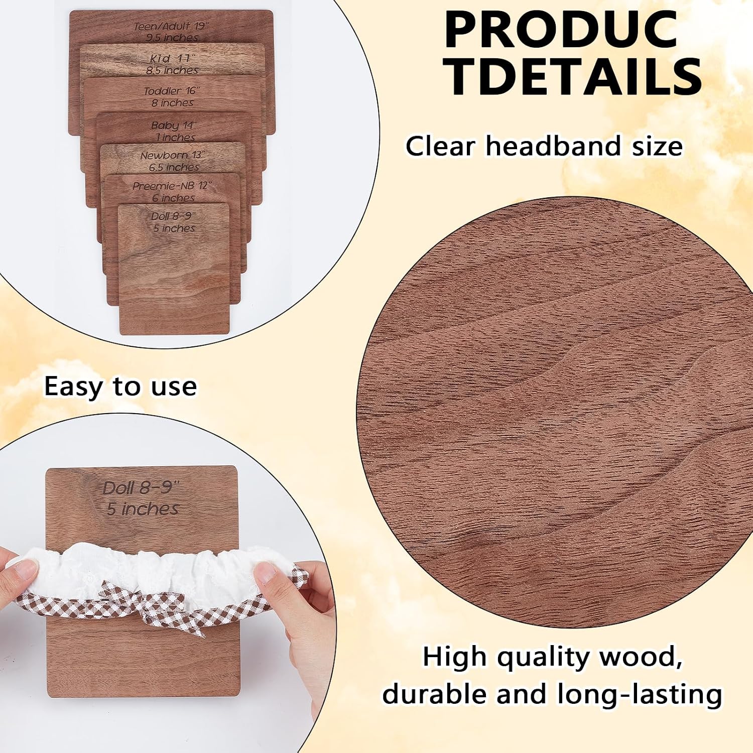 NICENEEDED 7 PCS Wooden Head Band Hair Bow Size Guide Measuring Boards, 7 Size Camel Color Rectangle Headwraps Size Guide Measuring Templates, Bow Tie Boards for Woman Hair Bows Gift Bows DIY