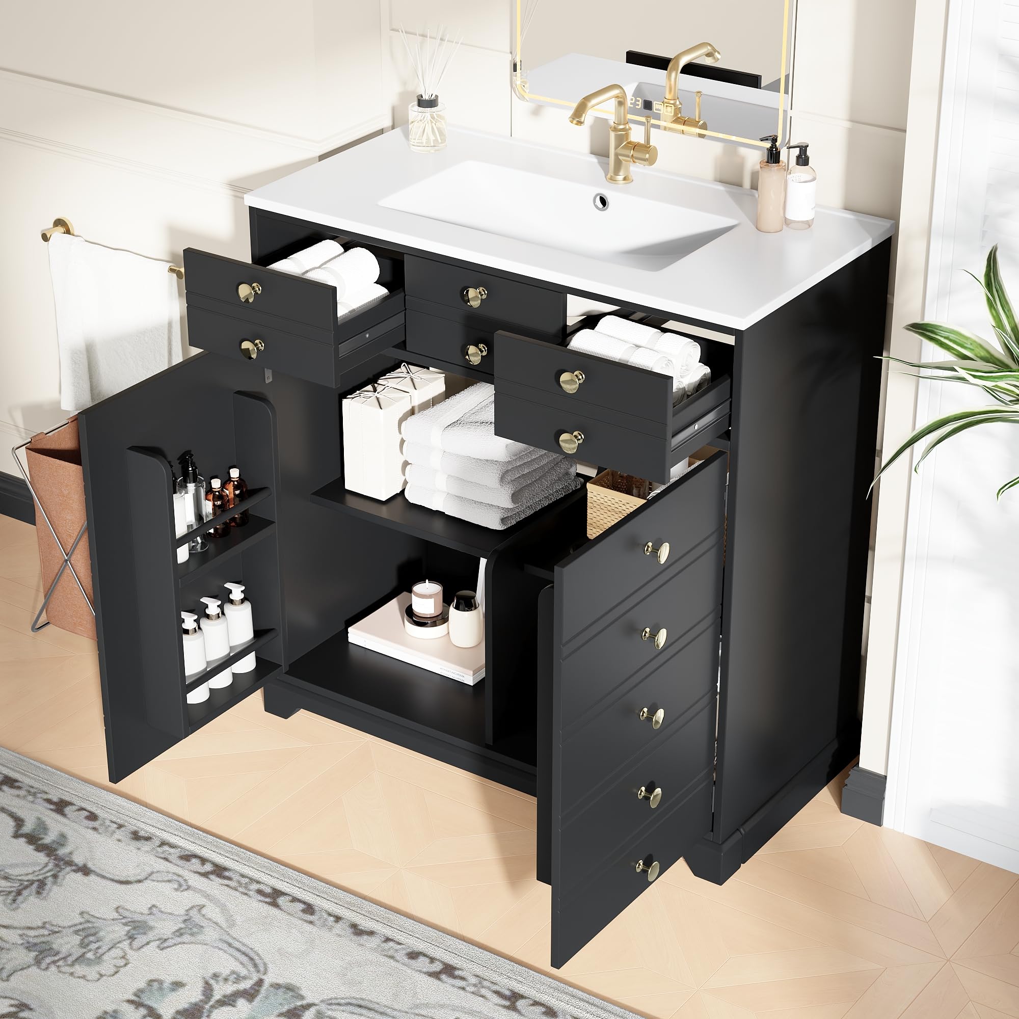 Waschbeckenschrank mit Vielseitiger Stauraum, Badezimmerschrank mit 2 Schubladen und Verstellbare Einlegeböden, Keramikwaschbecken, Moderner Badmöbel, Schwarz-D, 91.5x47x86.5 cm