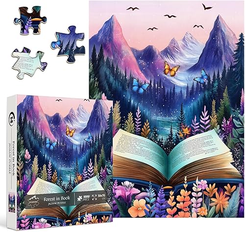 Miniatura 2 de Rompecabezas de libros coloridos para adultos, 1000 piezas, PICKFORU Impossible Nature Mountain Forest Puzzle Butterfly Bird, tema único de plantas