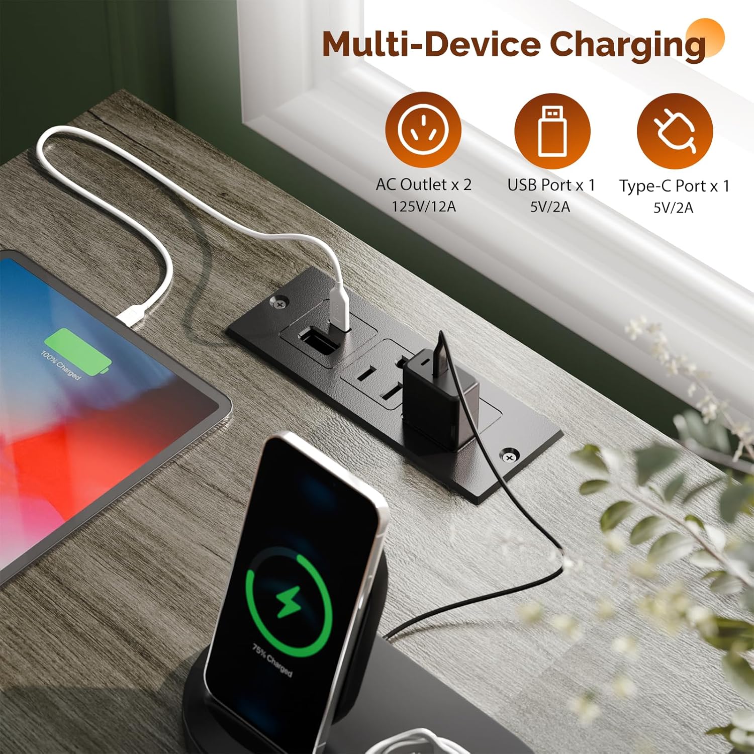 Close-up of the nightstand's charging station with devices plugged in, showing AC, USB, and Type-C ports.