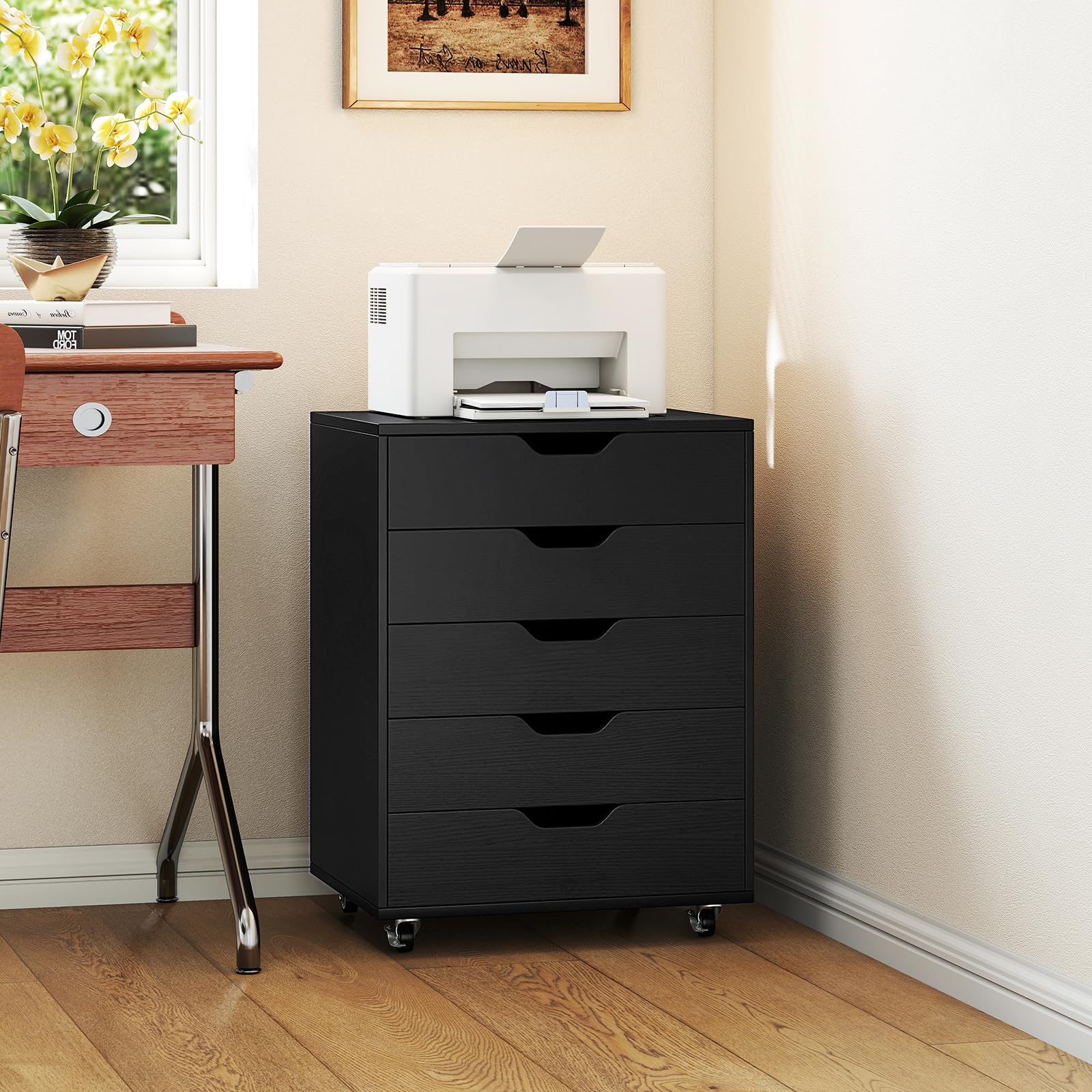 GIANTEX Cassetto da scrivania mobile con 5 cassetti da ufficio, mobile da ufficio, organizer con ruote, supporto per stampante per cartelle, documenti, documenti, carta, 48 x 39,5 x 69,5 cm (Nero)