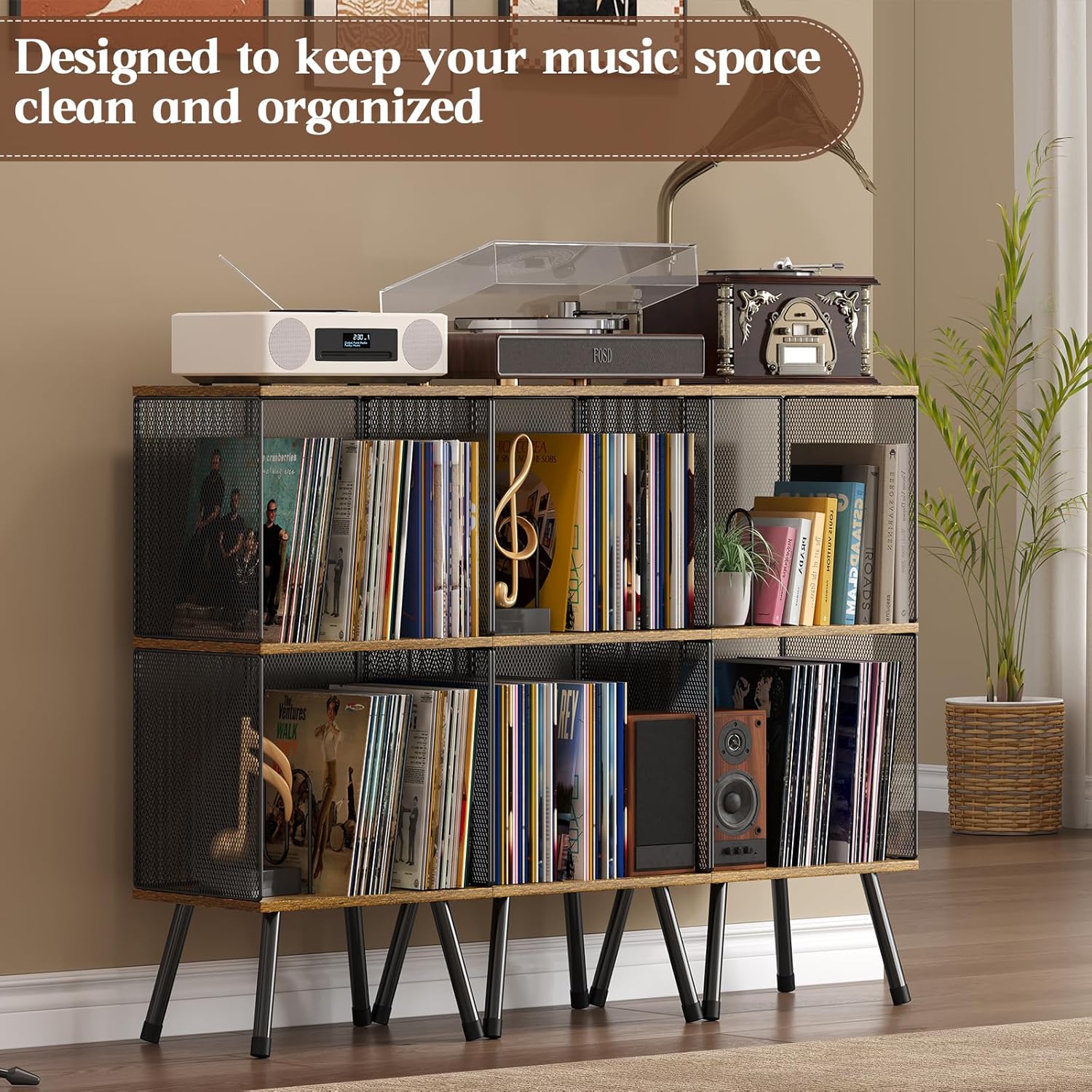 X-cosrack 3-Tier Record Player Stand, Turntable Stand with Storage up to 200 Albums, Corner Vinyl Record Holder with Adjustable Divider, Mid-Century Record Table Vinyl Storage for Bedroom Living Room