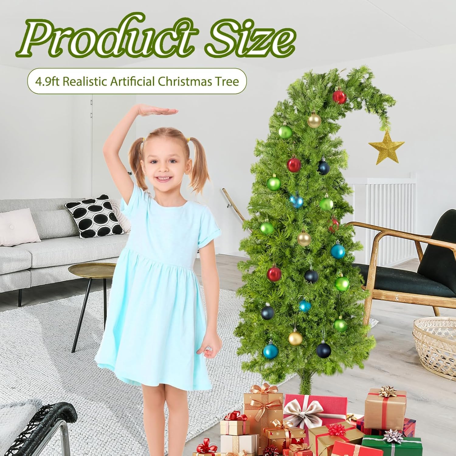 5Ft Artificial Christmas Tree, Whimsical Green Christmas Tree Best Bent Xmas Tree with Stand & Ball Ornaments Xmas Christmas Holiday Decorations Home Office Decor for Indoor Use