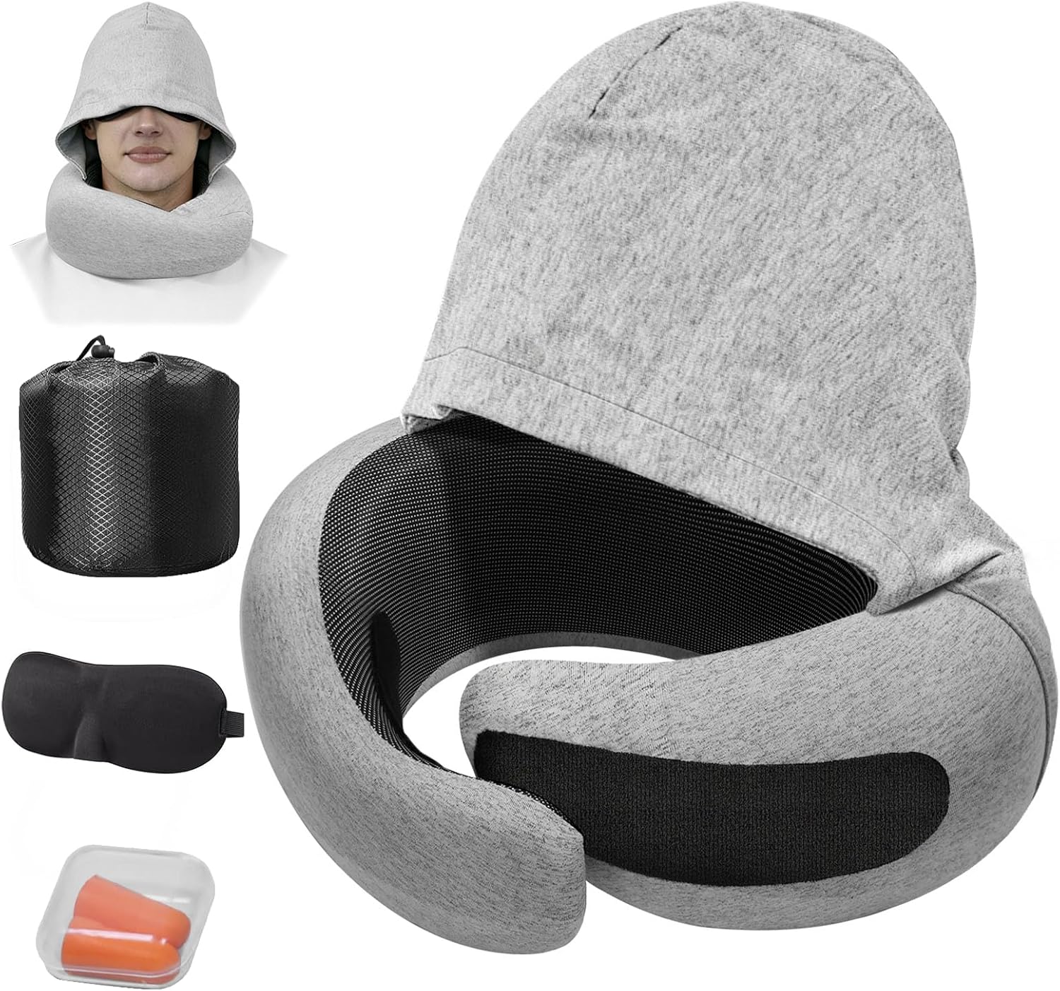 Aeroplane Neck Pillow with Hood, Ear Plugs Aeroplane, Sleeping Mask and Storage Bag – Ergonomic Travel Pillow Aeroplane Memory Foam for Long Distance Flight, Car Pillow, 360° Support