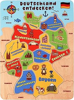 Deutschlandkarte, Puzzle für Kinder aus Holz, 12 robuste Teile, Entdecken und Merken, Geographie-Lernspiel, ab 3 Jahren