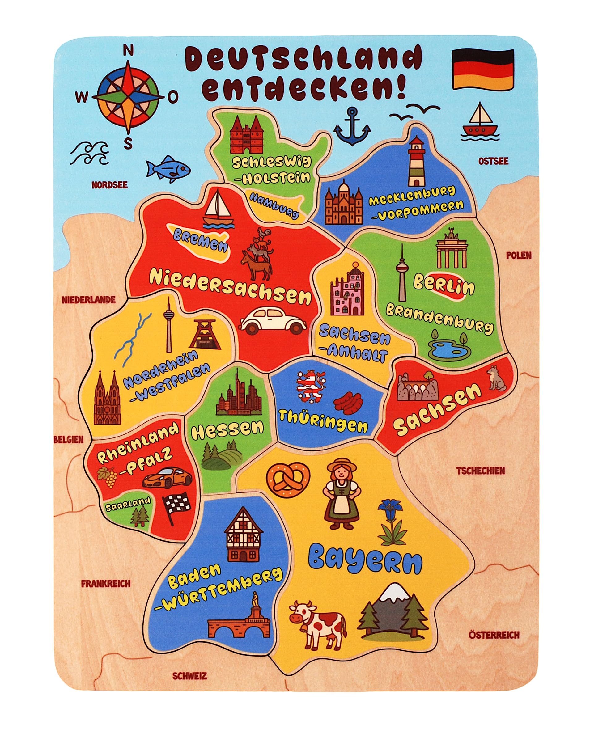 Deutschlandkarte, Puzzle für Kinder aus Holz, 12 robuste Teile, Entdecken und Merken, Geographie-Lernspiel, ab 3 Jahren