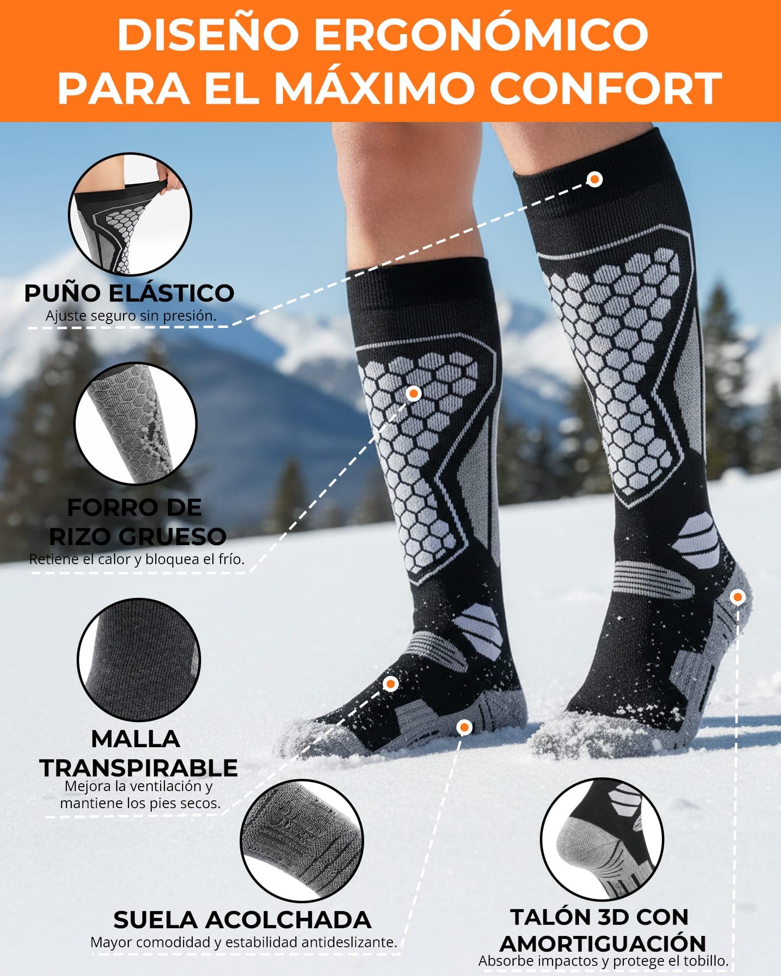 Calcetines de Esquí Lana Merino Térmicos – 2 Pares Calcetines Altos para Hombre y Mujer, Cálidos, Transpirables e Imbottados para Nieve, Snowboard y Invierno