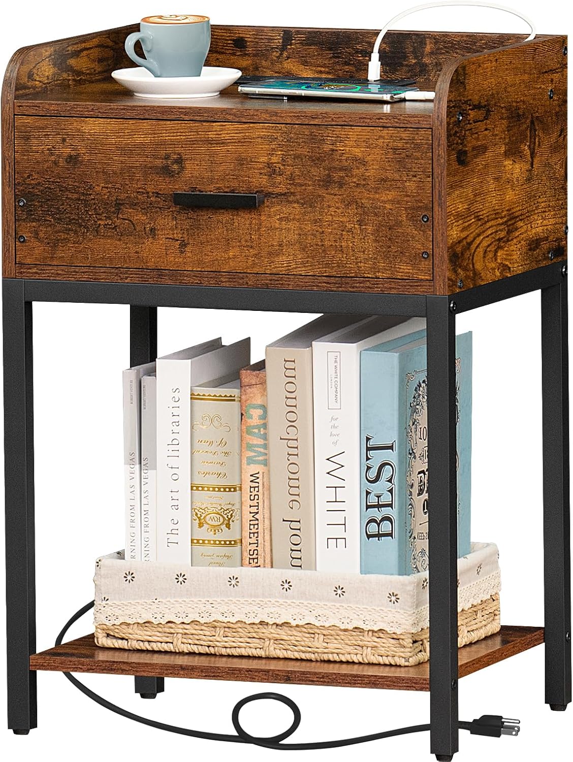 Lerliuo Nightstand with Charging Station, Night Stand with 2 Outlets and 2 USB Ports, Storage Drawer and Open Shelf Bedside Tables, Brown Wood 3-Tier Bedroom End Table