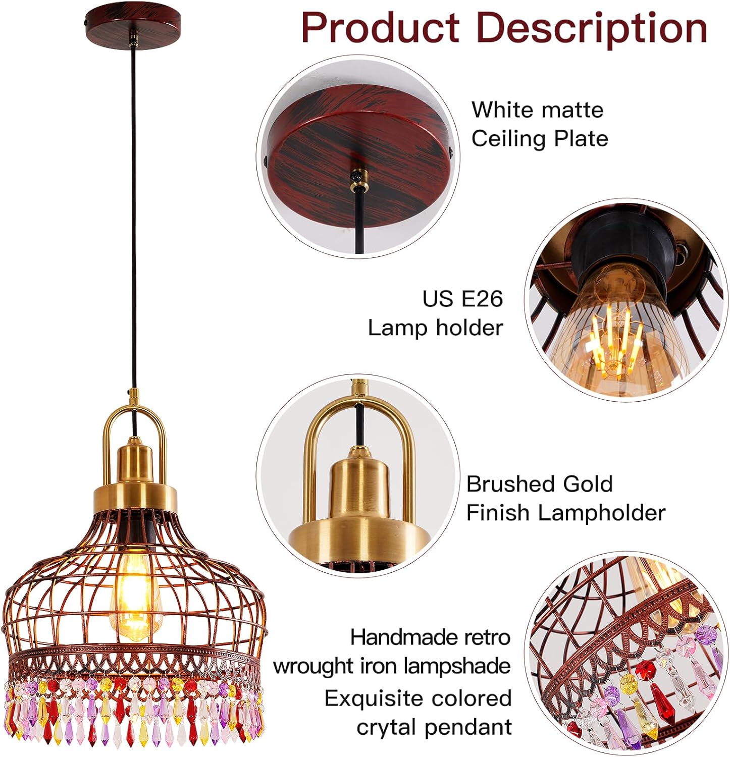 11.8-inch Industrial Retro Wine-red Iron Chandelier. The Pendant lamp is Suitable for Medieval Dining Rooms, Kitchen Islands, and Bars