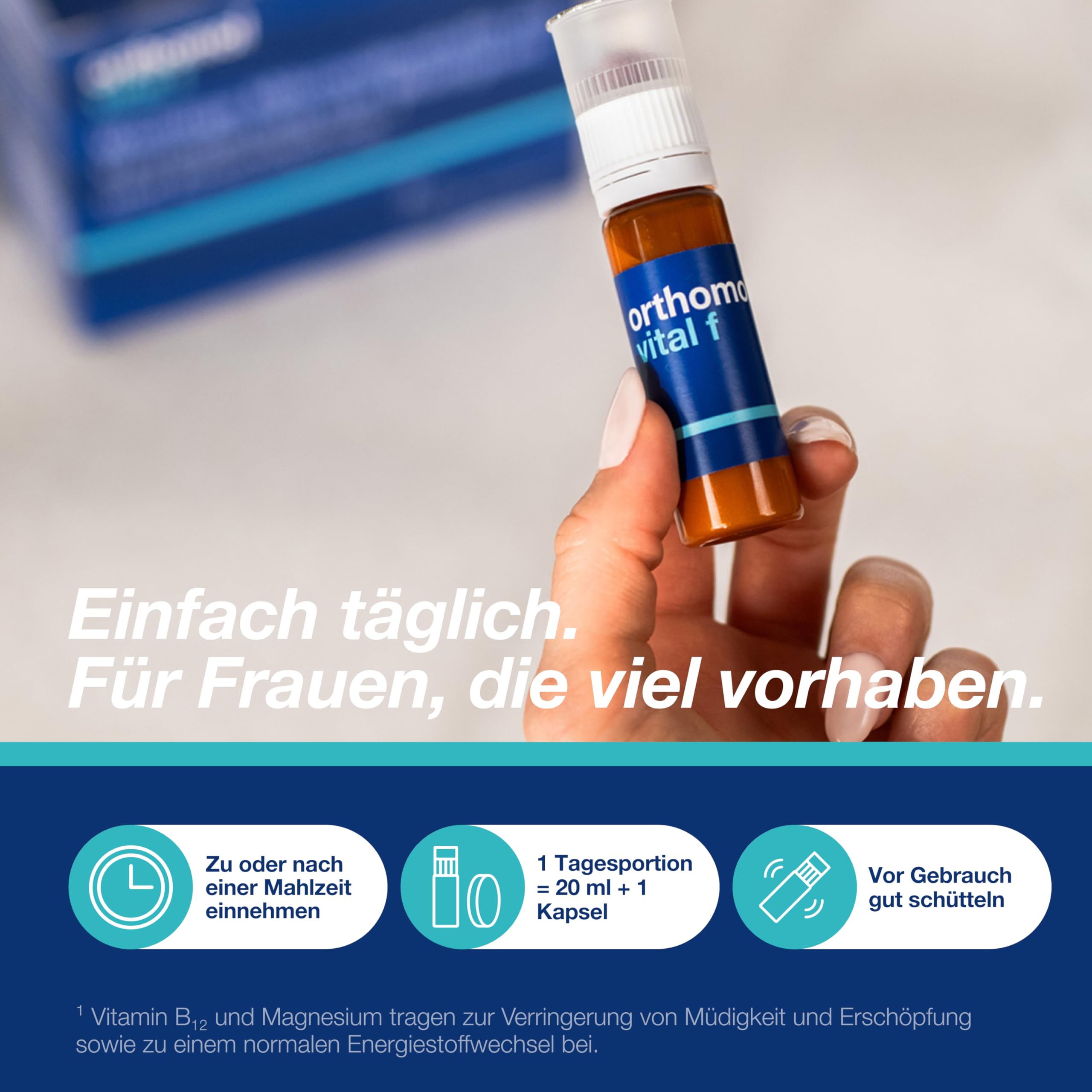 Orthomol Vital f - Mikronährstoffe für Frauen - bei Müdigkeit und Erschöpfung - mit B-Vitaminen, Omega-3-Fettsäuren und Magnesium - Trinkampullen/Kapseln à 30 x Tagesportionen