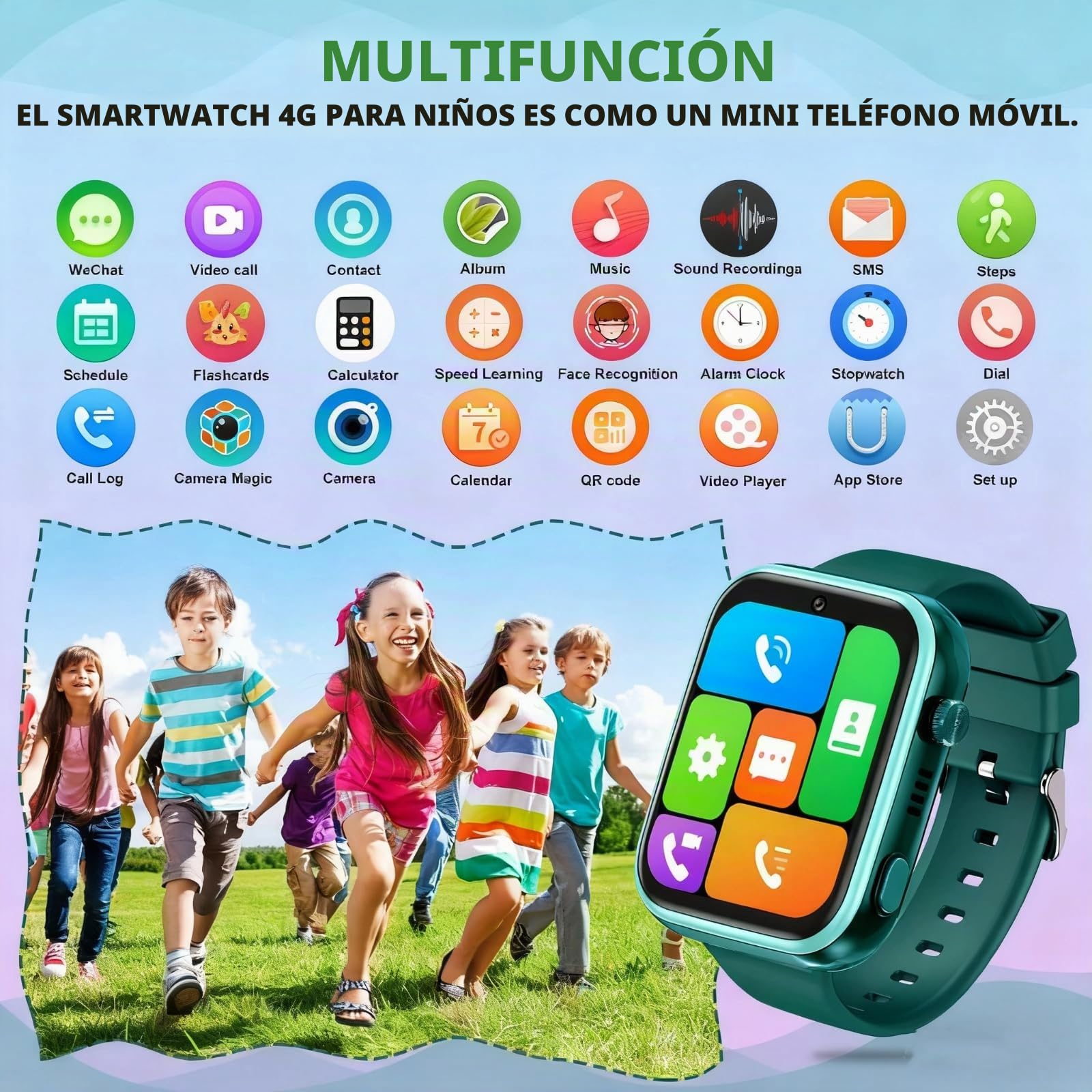OKYUK Reloj Inteligente para niños 4G con rastreador GPS, Llamadas bidireccionales, Reloj Inteligente SOS con múltiples Estilos de Escritorio para Elegir, para niños y niñas de 6 a 12 años (Verde