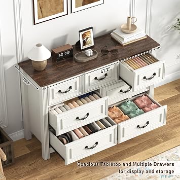 chartustriable Farmhouse 7 Drawer Dresser for Bedroom, 47 Wood Chest of Drawers with Rustic Handles, Wide Closet Dressers Organizer, Living Room, Hallway, Bedroom Furniture(7 Drawers White)