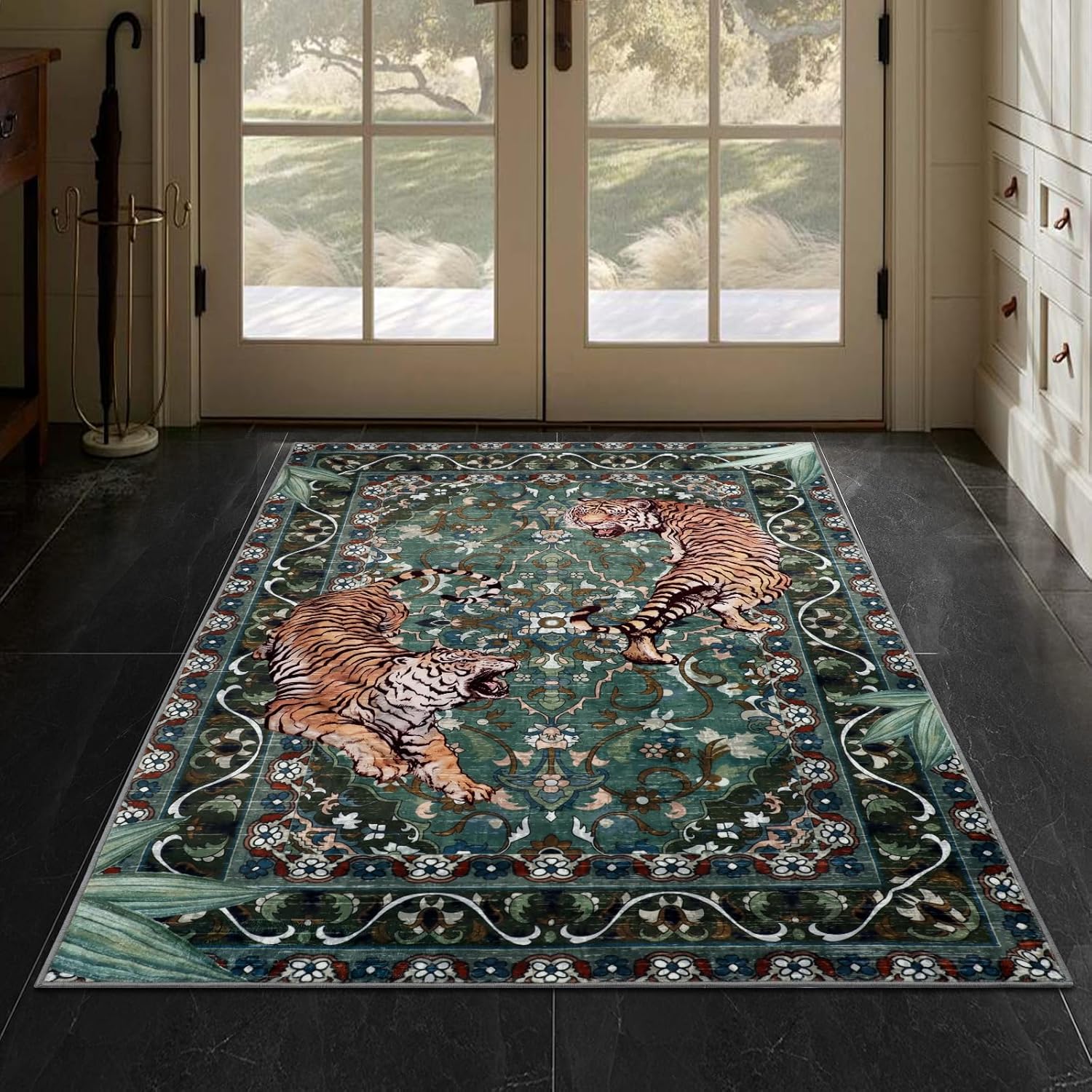 Tiger Washable Rugs 3x5ft, Green Entryway Jungle Rugs Non Slip, Soft Botanical Area Carpets for Bedroom, Low Pile Accent Floor Carpet for Kitchen Laundry Living Room Dorm Nursery Office