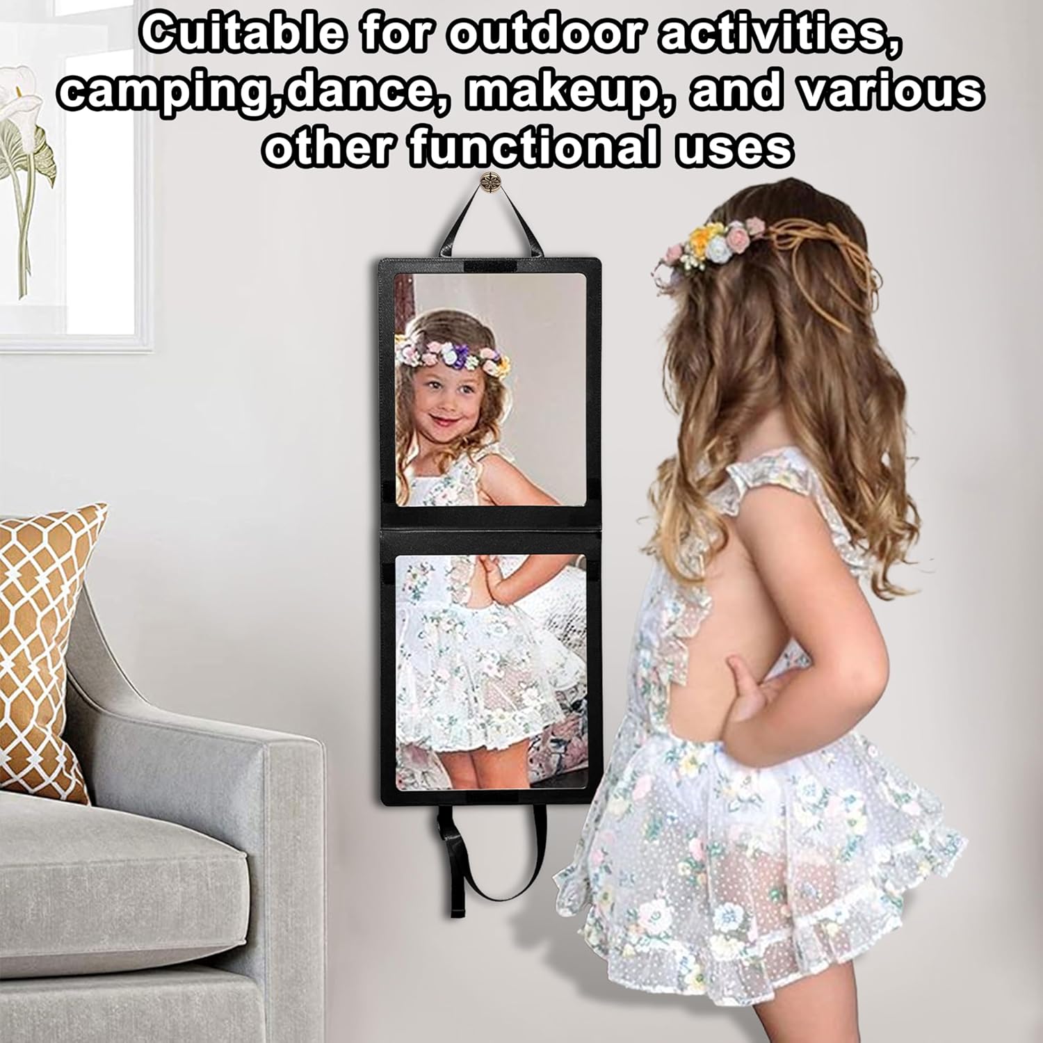 33“ x 13” Foldable Travel Mirror, Hanging Shatterproof Full Length Mirror for Makeup, Camping, RV Travel, Dorm Room, Portable Dance Practice Mirrors - Black