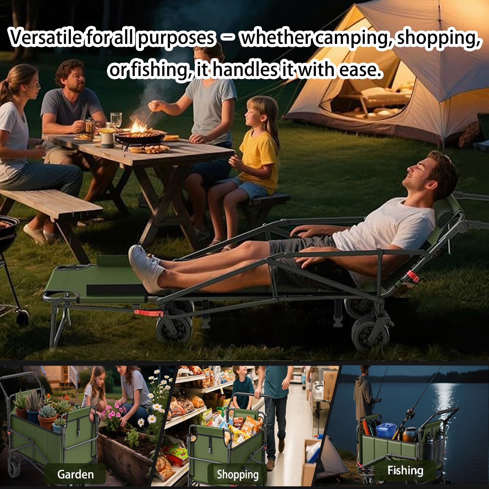 einkaufstrolley bollerwagen liegestuhl relaxliege treppensteiger groß modern mit Sitz klein 4 räder Rücklehnsessel kompatibel Hintere Öffnung Design Oxford Stoff 90°(Green)