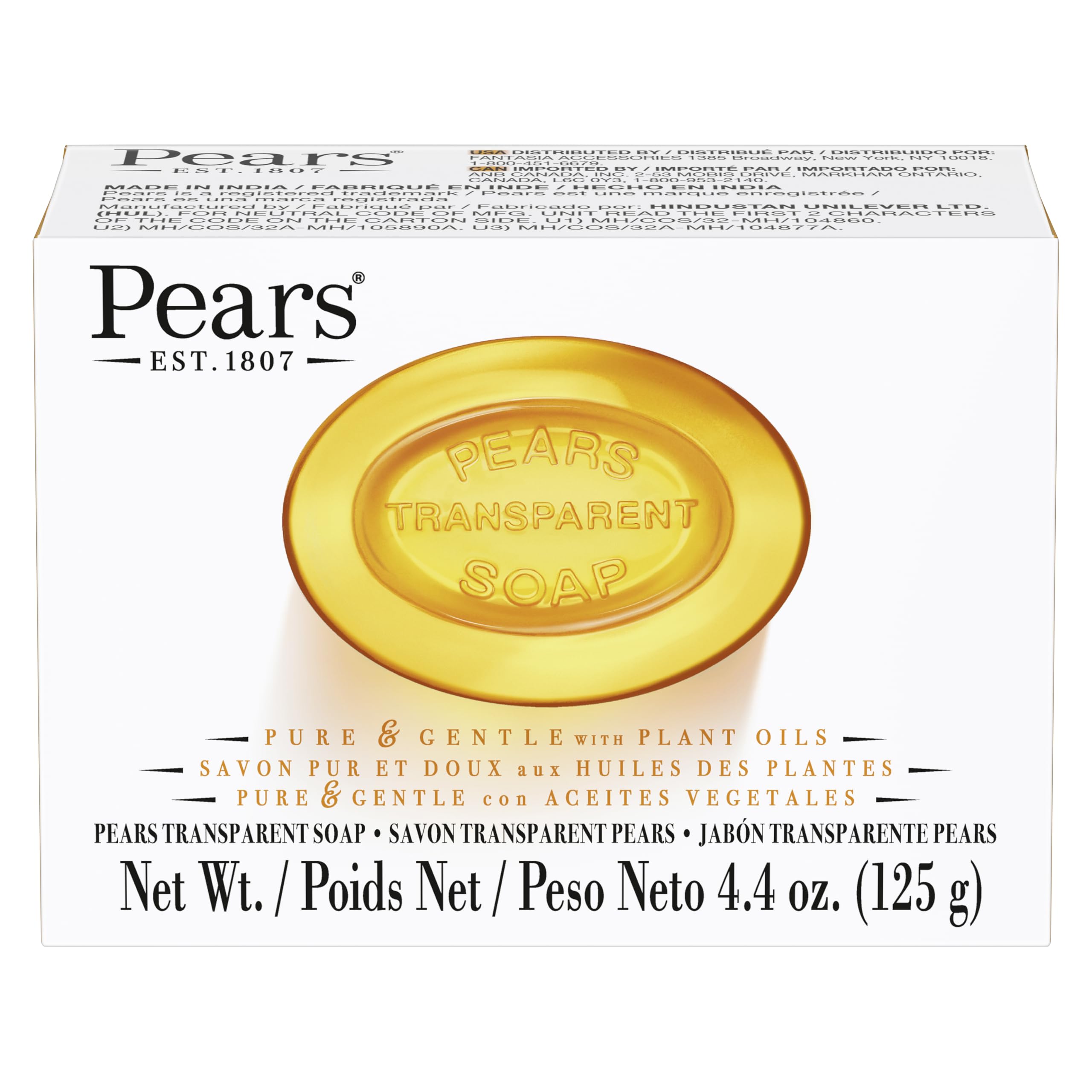Pears Pure and Gentle with Glycerin and Naturals Oils - Amber for Unisex - 4.4 oz Bar Soap