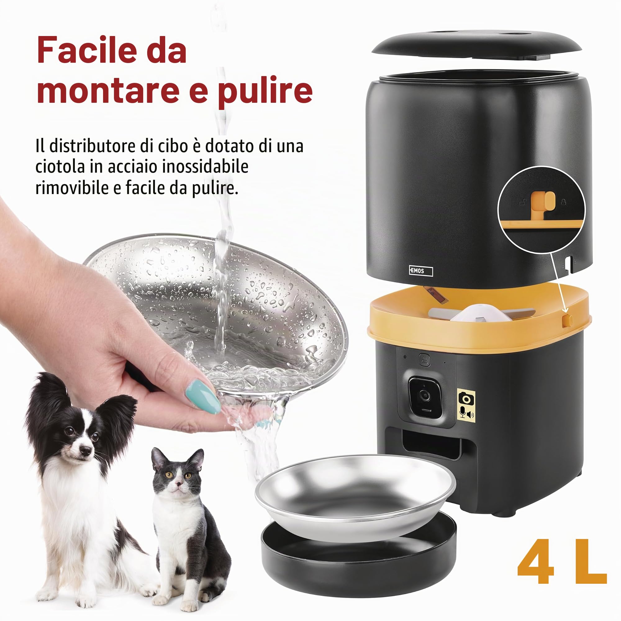 EMOS - GoSmart Mangiatoia automatica da 4 l con fotocamera - Distributore di cibo WLAN Pet Care con app - Cibo secco per gatto e cane con programmazione, registrazione vocale, dosaggio da 1 a 12 pasti