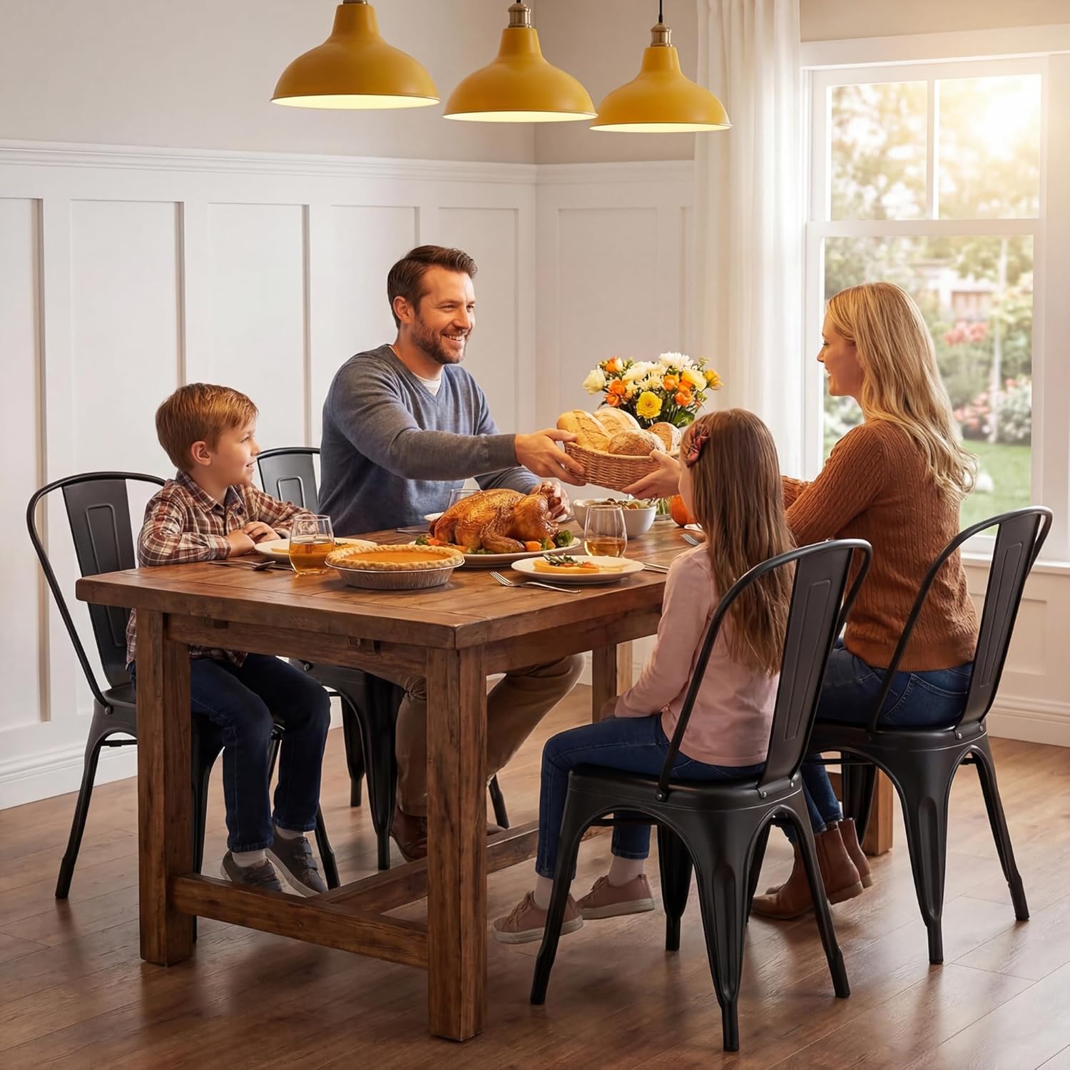 JUMMICO Metal Dining Chair Stackable Indoor Outdoor Industrial Vintage Chairs Bistro Kitchen Cafe Side Chairs with Back Set of 4 (Black)