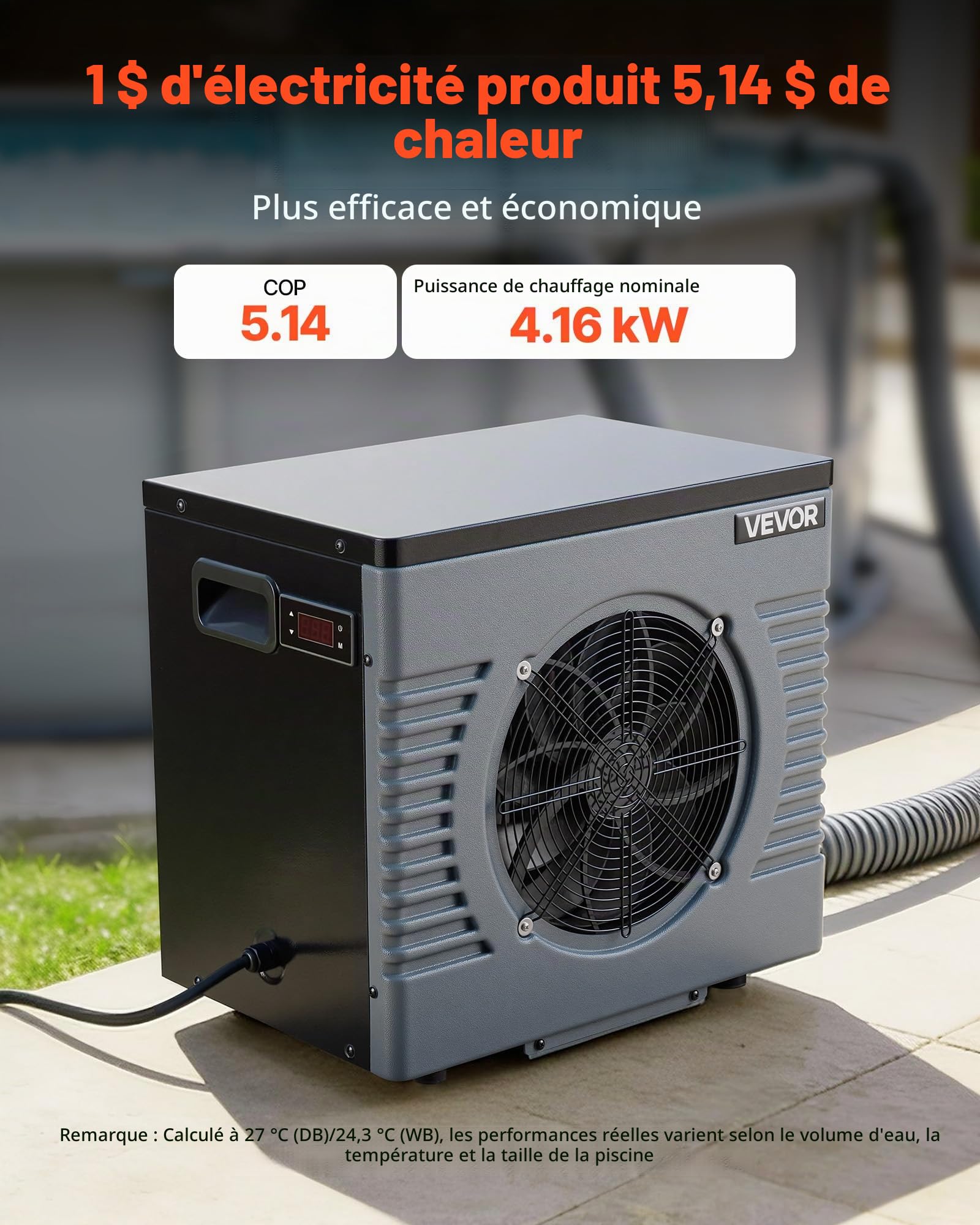 VEVOR Pompe à Chaleur pour Piscine 4,16 kW Chauffage Électrique de Piscine Hors Sol Jusqu'à 15 m³ pour Natation, COP Max. 5,14, Faible Niveau Sonore, Protection GFCI, Température de Chauffe 15 à 40 °C