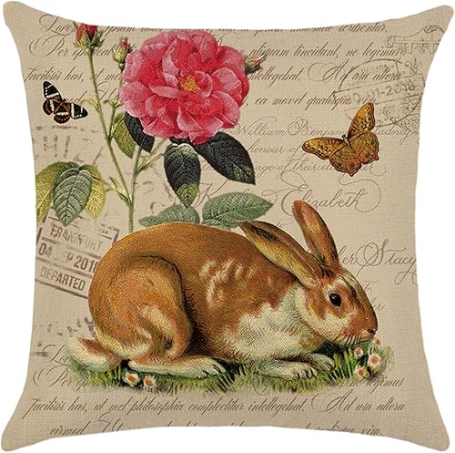 Miniatura 4 de Juego de 4 fundas de almohada de Pascua de 18 x 18 pulgadas, fundas de almohada de conejo de Pascua floral bohemio, fundas decorativas de primavera
