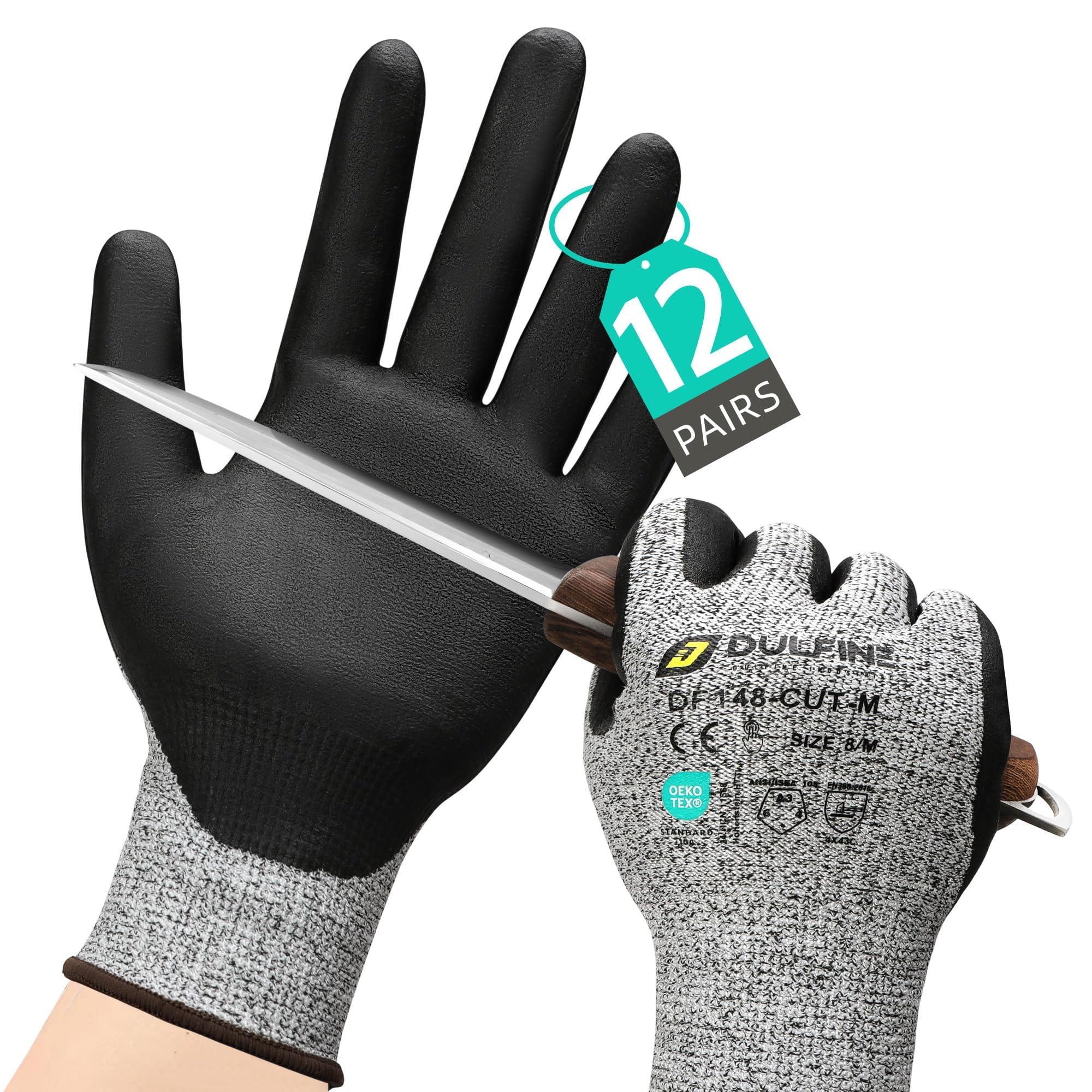 DULFINE A3/A4/A9 Cut Resistant 2/3/6/12 Pairs Work Gloves for Men &amp; Women