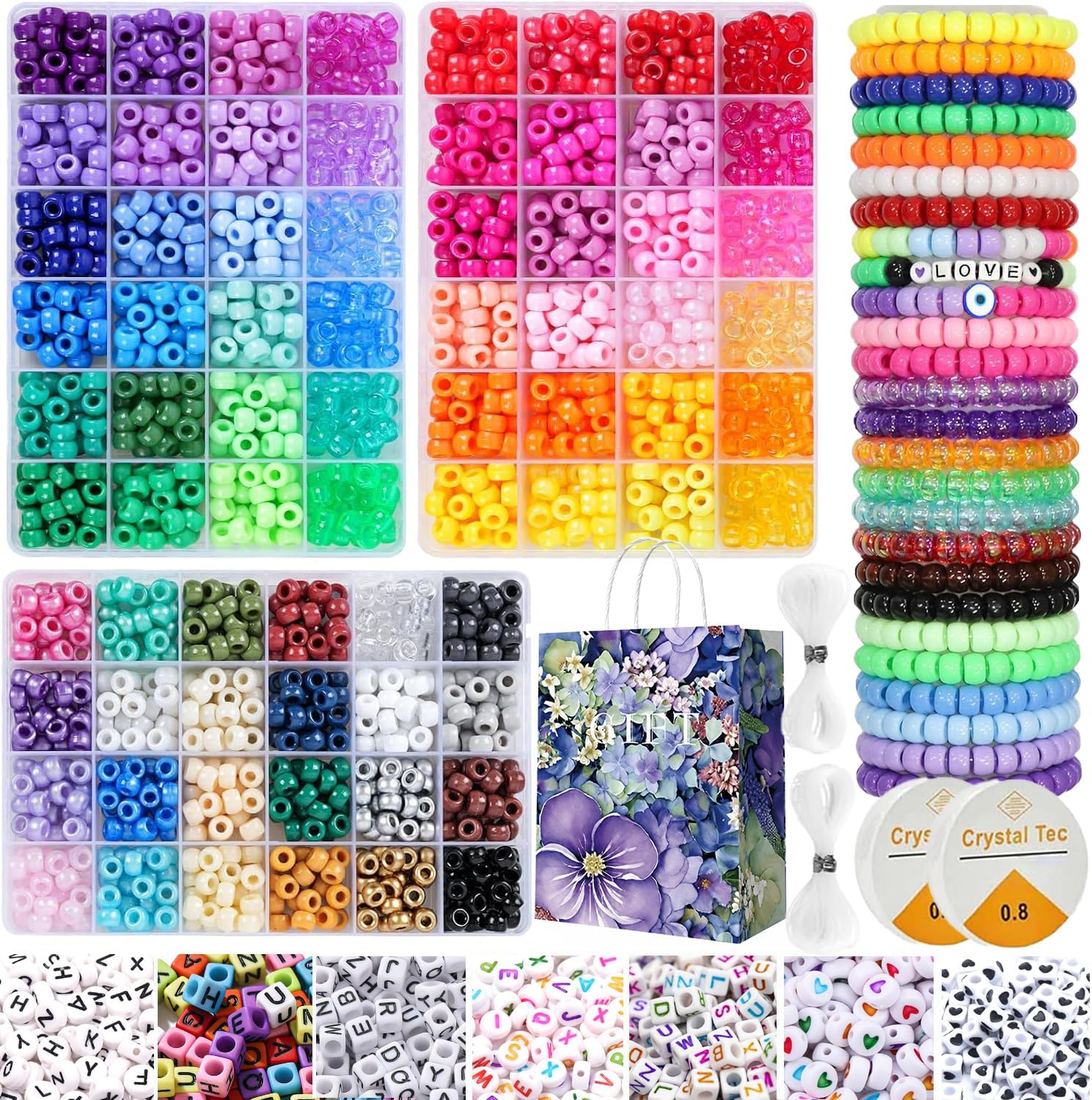 3000 Pony Bead Set 72 Colors, Include 1000 Letter Beads, Kandi Pony Beads for Bracelet Making, Colour DIY Craft Hair Bead Kit Used to Make Party Jewelry Accessories with Elastic Cord
