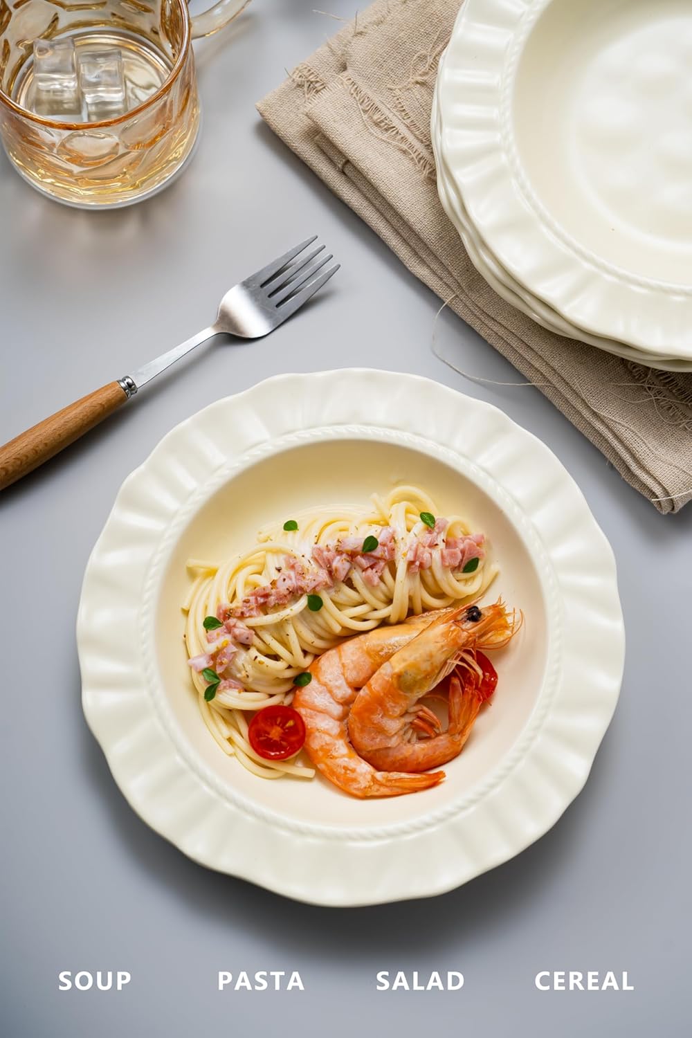 Ceramic Soup Bowls 8.6 in, Pasta Bowls & Plates, Cream color Floral-Embossed Wide Rim Shallow Bowls Set of 4, Italian Carving Design, Matte Finish Porcelain, Microwave & Dishwasher Safe