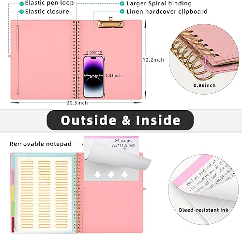 Miniatura 3 de Ospelelf Portapapeles en espiral plegable rosa con bolsa de almacenamiento con cremallera, 5 carpetas de plástico con 10 bolsillos, bloc de notas