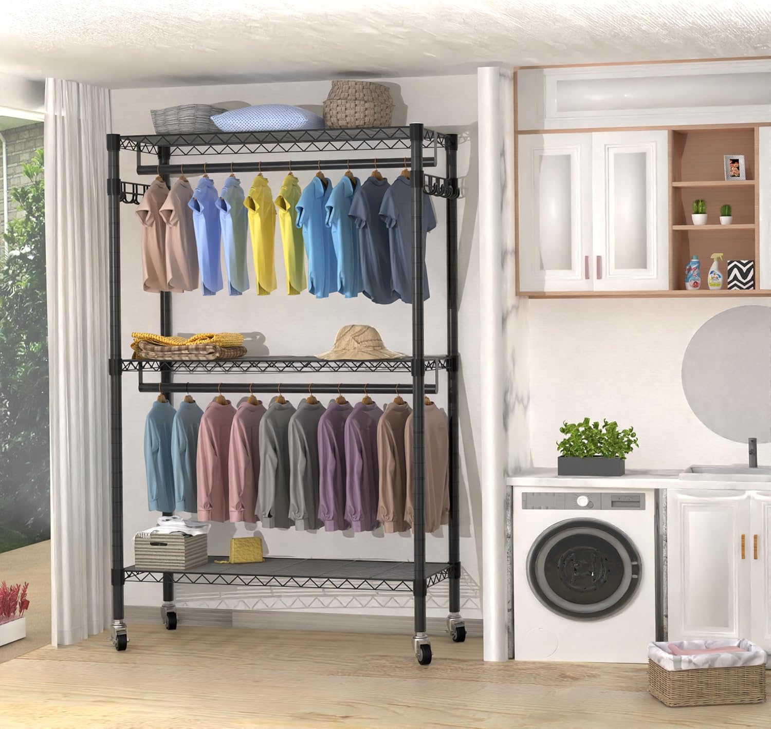 V12 Black Heavy Duty Rolling Garment Rack with Adjustable Shelves