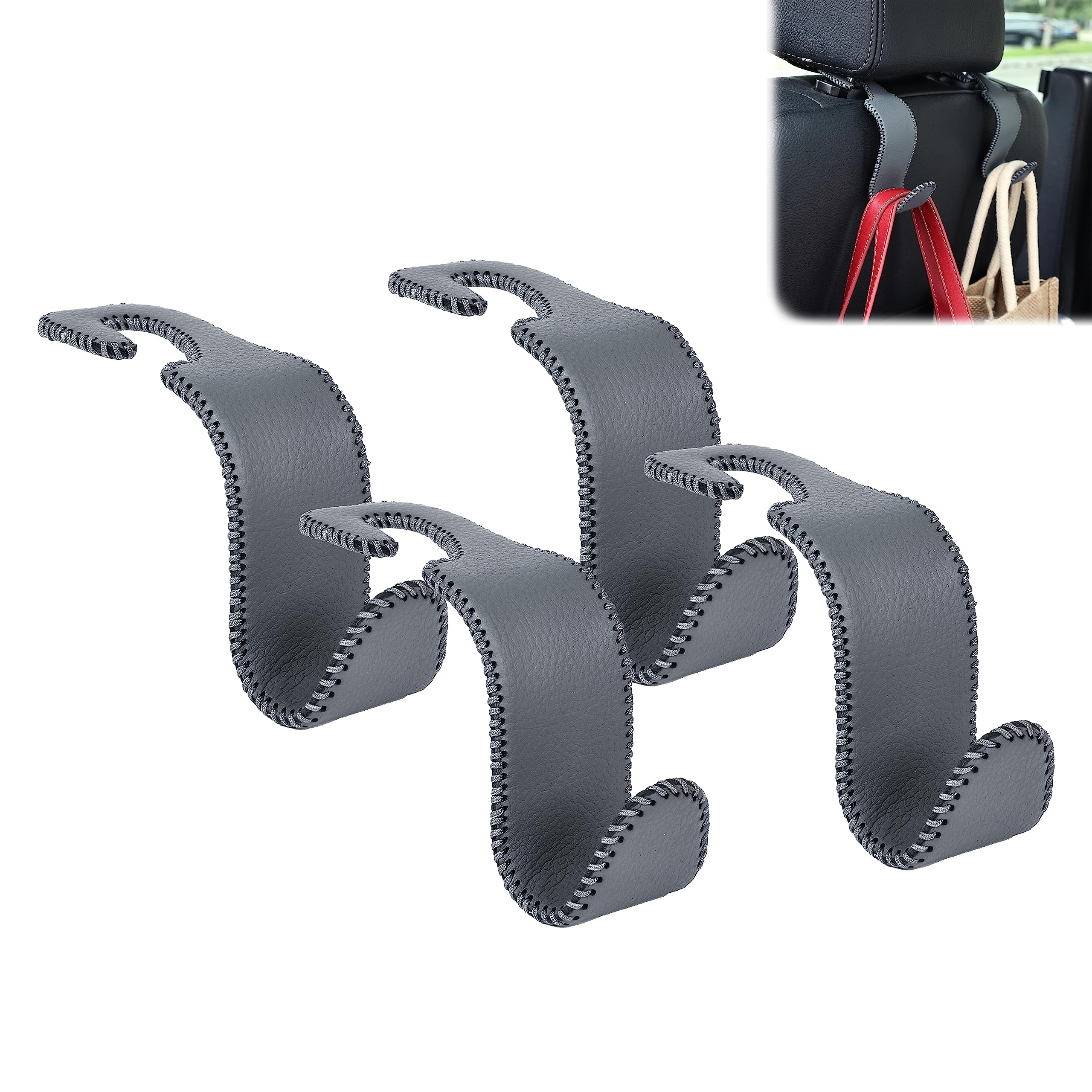 Amooca Car Seat Headrest Hook Universal Vehicle Storage Hanger Leather with Metal Car Seat Back Organizer for Handbag Purse Coat Grey 4 Pack
