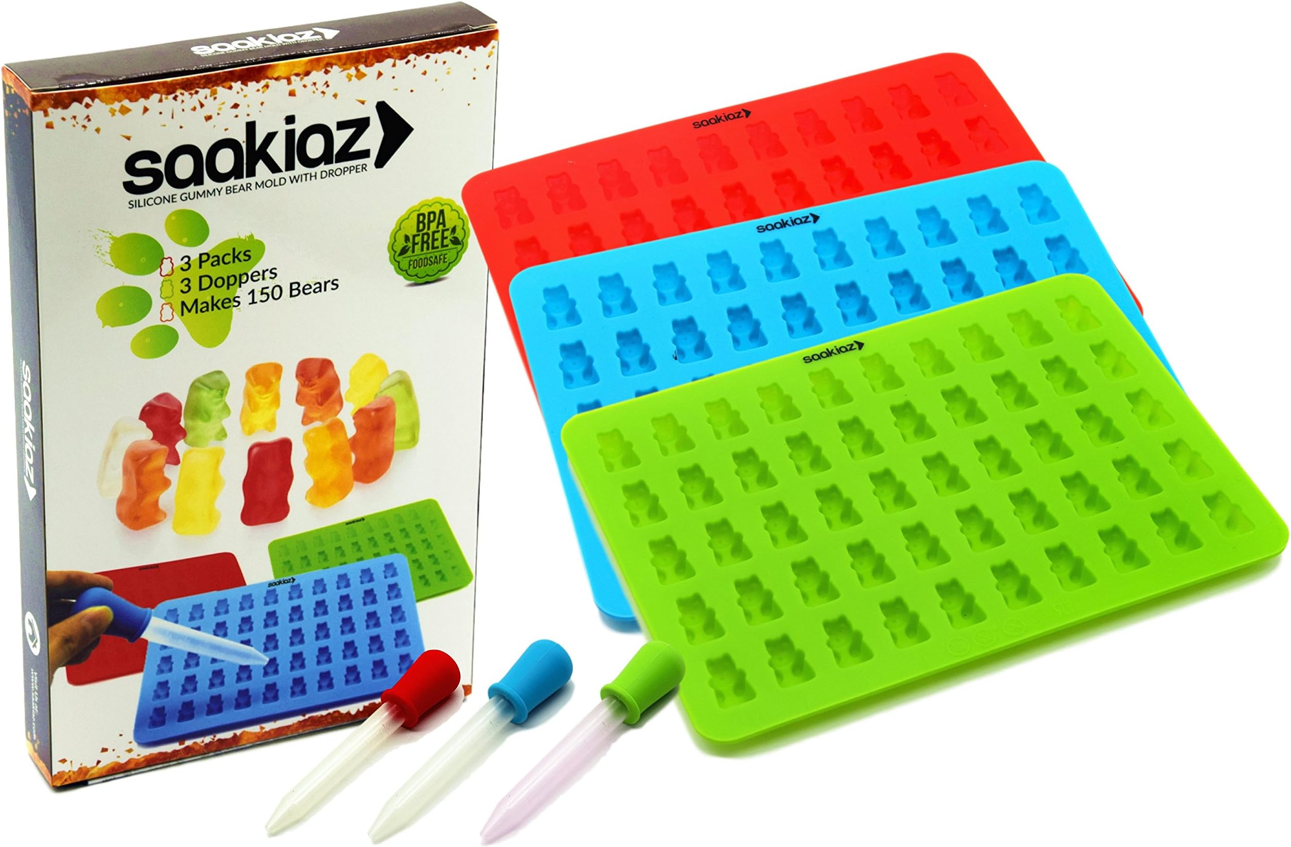 Saakiaz Silicone Gummy Bear Molds - 3 Packs With 3 BONUS DROPPERS- 50 Cavities-Up to 150 Gummy Bear Candy At Once- 3 Colors- 100% FDA Approved, BPA Free, 3, Red, Sky Blue, Green by Saakiaz