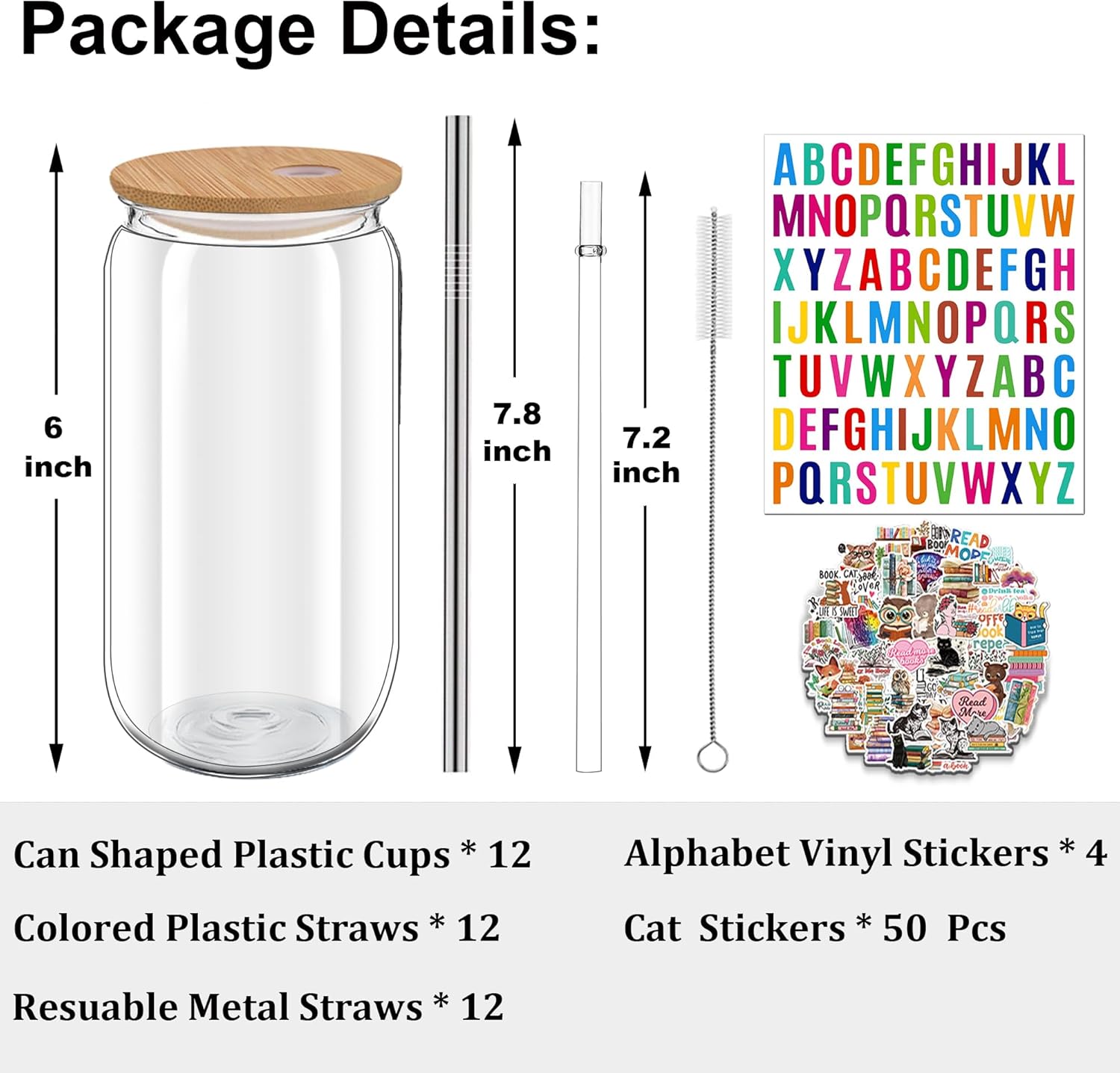 16 oz Clear Plastic Cups Reusable with Bamboo Lids and Straws & DIY Sticker, 12Pack Acrylic Mason Jars Iced Coffee Drinking Glasses Cup for Park Picnic, Poolside, Party Giveaways - Image 2