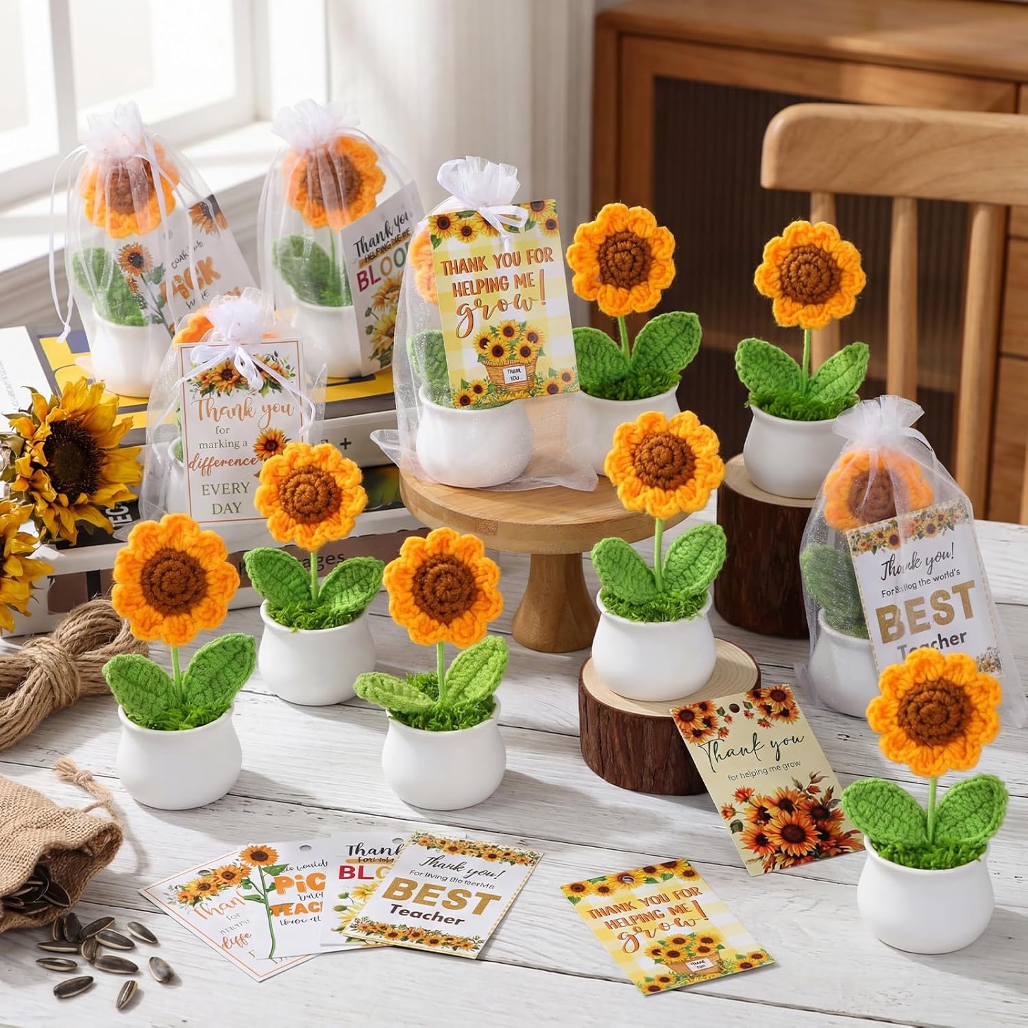 Jerify 12 Pcs Teacher Appreciation Gifts- Handmade Crochet Sunflower Gifts Knitted Flowers with Thank You Cards Bulk for End of Year Thank You Favors for Women Friend Teachers Coworker Table Decor