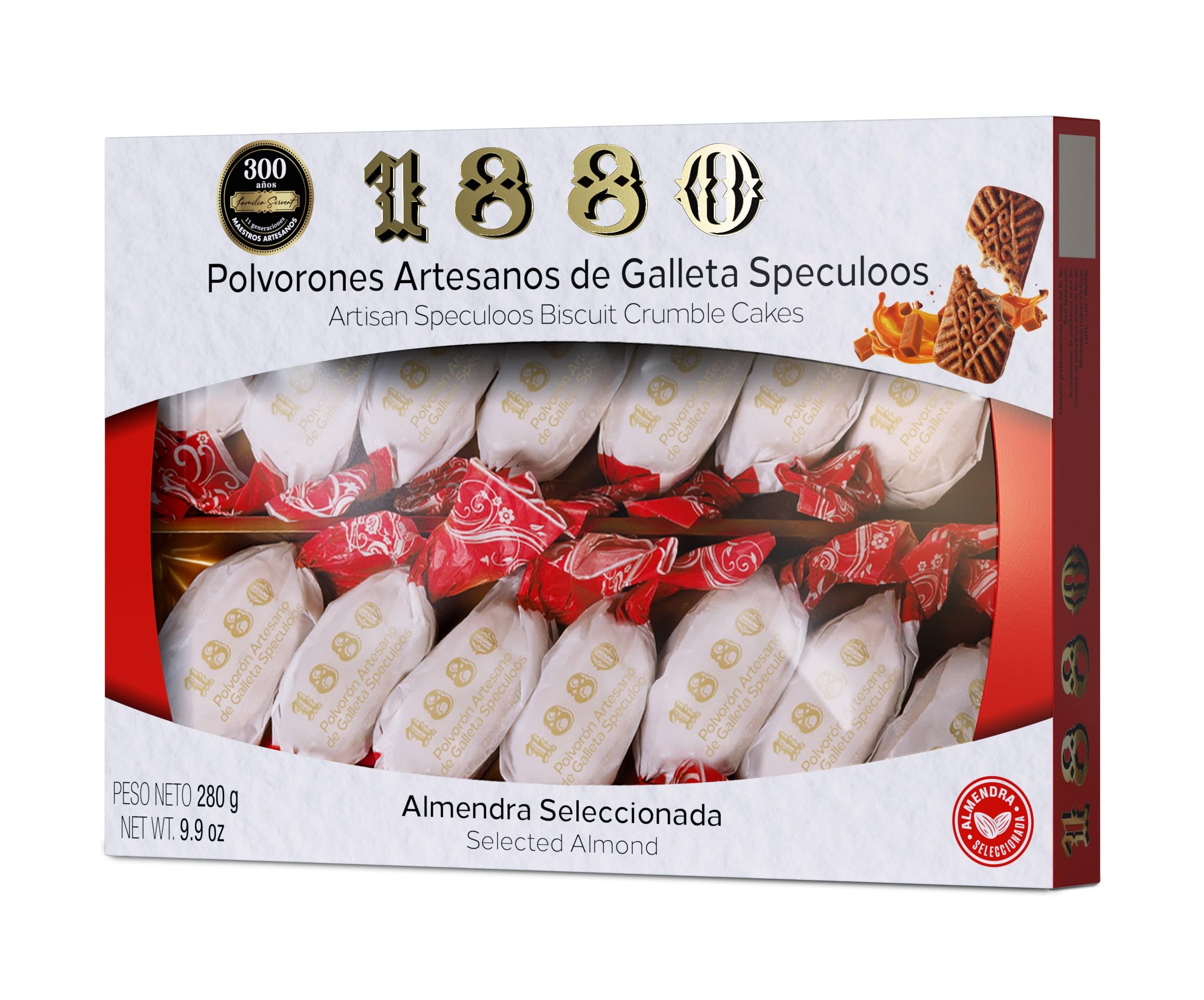 1880 - Polvorones Artesanos de Galleta Speculoos 280 g, Receta Artesanal con 95% de Galleta Speculoos y Almendra Seleccionada, Envase Individual, Textura Suave, Típico Dulce Navideño