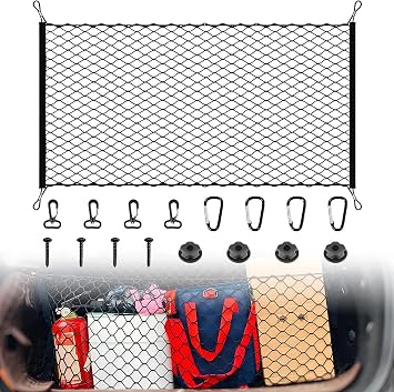 Car Boot Net, 110 x 60 cm Car Luggage Net with 4 Hooks, Elastic Separation Net Luggage Attachment, for Most Car Models