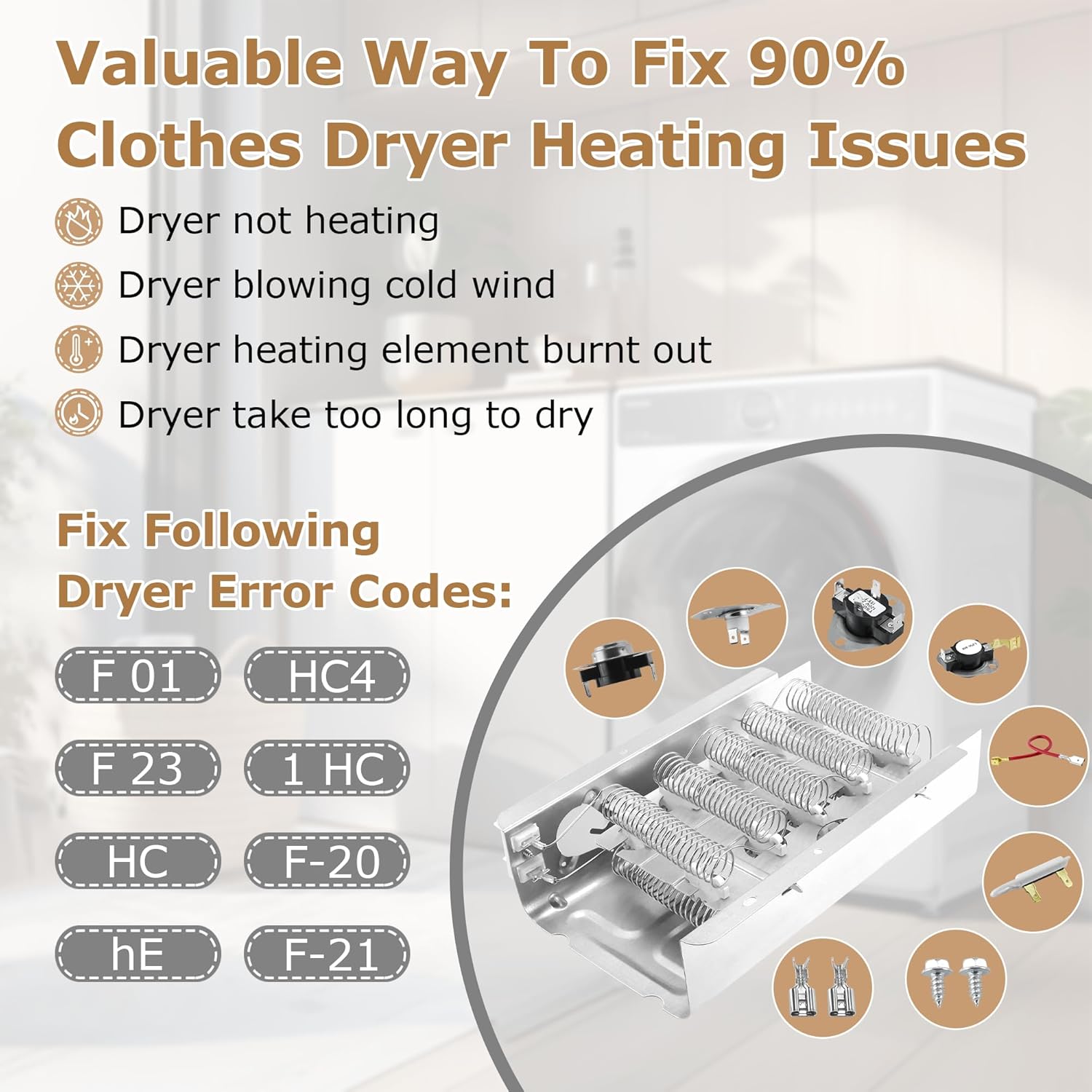 NED4655EW1 Heating Element fit for Amana 279838 W10724237 NED4600YQ1 NED4600YQ0 fit for Whirlpool WED4815EW1 WED4850HW0 WED5300VW0 fit for Kenmore 70 80 110 fit for Maytag 3398064 3403585 prime&swift